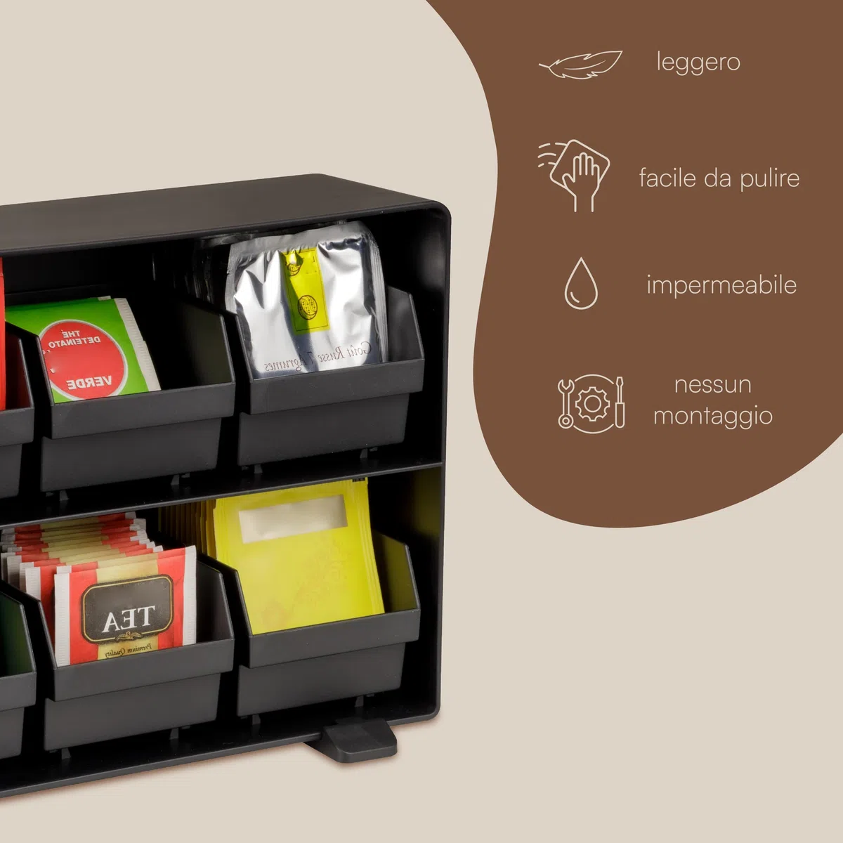 Baroni Home Organizer da Caffetteria in Plastica Resistente Porta Bustine di Tè, Organizzatore in 6 scomparti per +90 bustine tè, Design Funzionale e Facile da Pulire, 26x8x6 cm, Nero