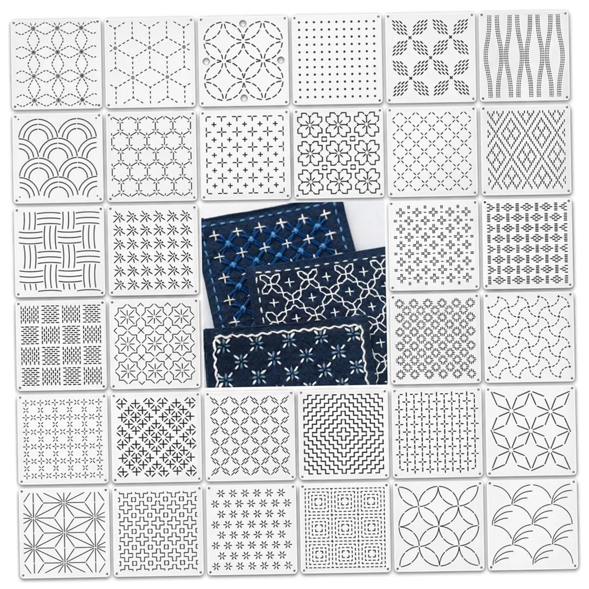 Set completo di stencil Sashiko per macchina Sashiko, modelli di ricamo geometrico riutilizzabili da 32 pezzi per quilting a macchina e a mano, modelli in plastica da 5, 12x5, 12 pollici - Stencil