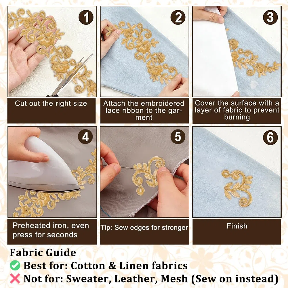 NBEADS 8 Pz 4 Stili Toppe con Fiori In Pizzo Ricamato, Toppe Cucite Applicazioni di Pizzo Floreale Dorato per La Decorazione di Abiti Da Sposa Riparazione di Abbigliamento Zaini Jeans Caps