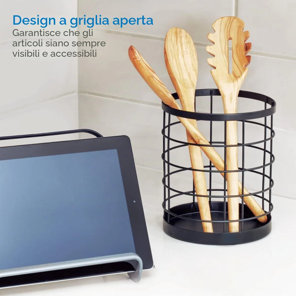 iDesign Organizer cucina adatto per utensili e posate, in metallo pratico e funzionale, nero opaco