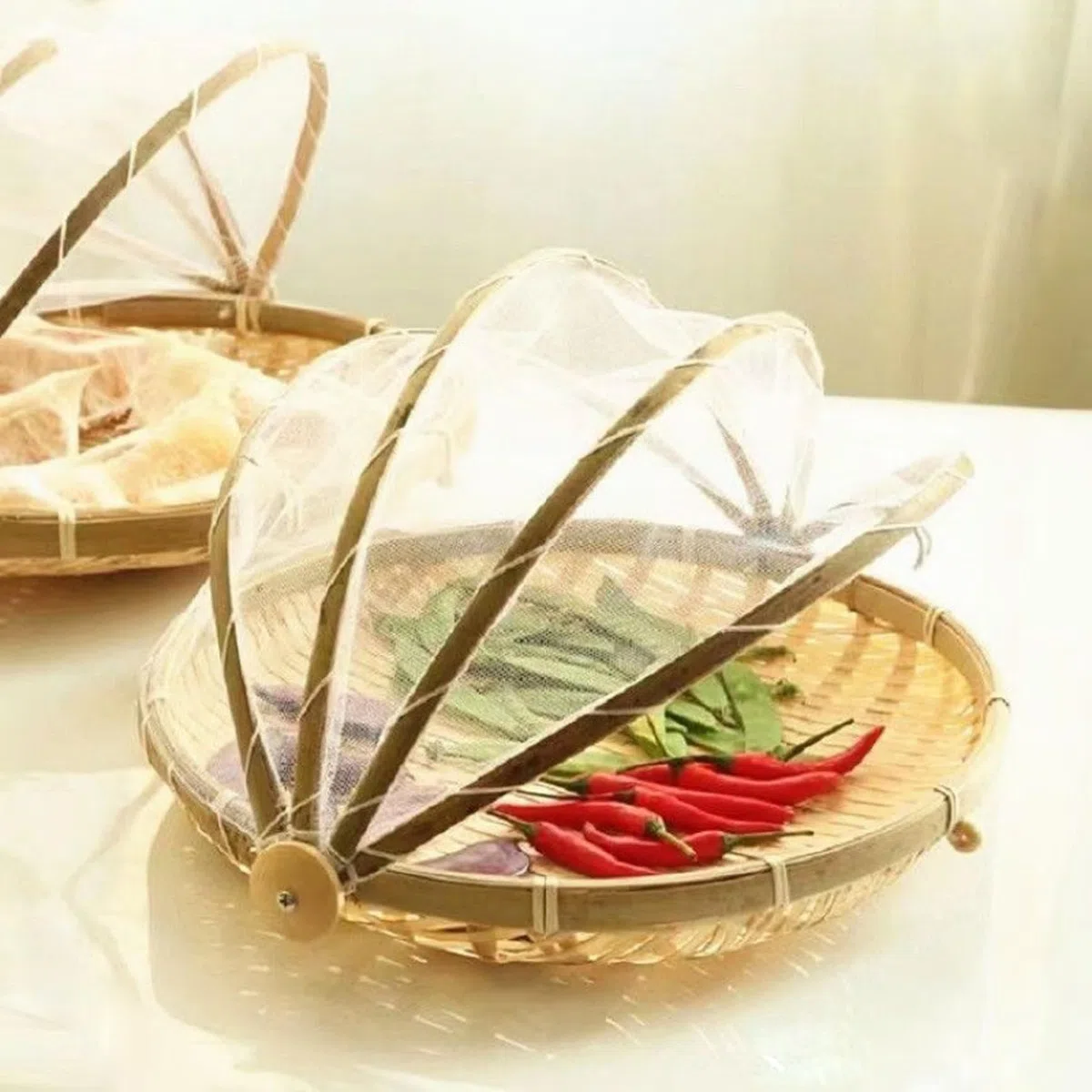 Cesto da frutto a Rete con Tenda Alimentari di Coperchio Bamboo da 11 Pollici con Copertura di Garza in Rete per Verdure Frutta Snack da Dessert Pane