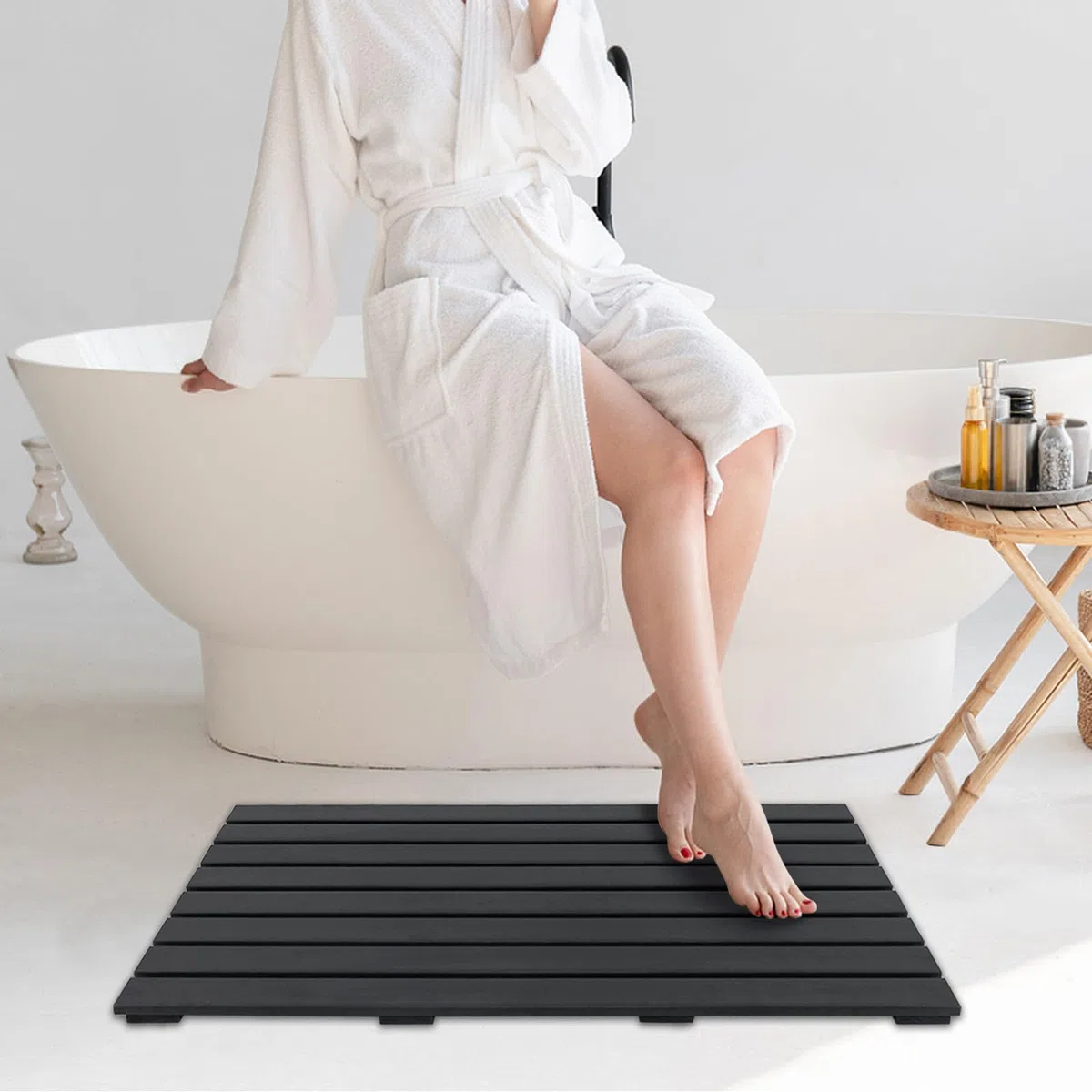 SOARS Tappetino doccia antiscivolo, griglia per esterni e interni, 100 x 60 cm, materiale WPC impermeabile e robusto, finitura effetto legno, carico 150 kg, per bagno, piscina, ingresso, nero