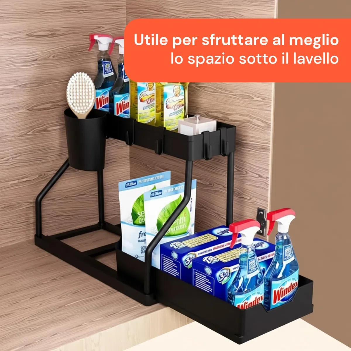 Avilia - Organizer Sottolavello Estraibile a 2 Livelli, Cassetto Scorrevole Salvaspazio con Secchiello Laterale e 4 Ganci, Multiuso Cucina, Bagno e Lavanderia, Scrivania.