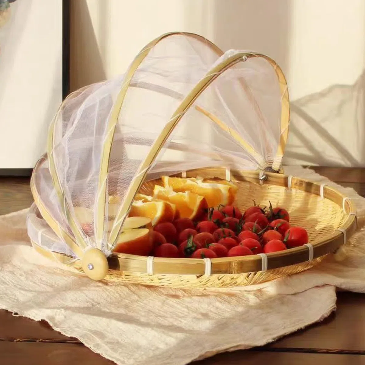 Cesto da frutto a Rete con Tenda Alimentari di Coperchio Bamboo da 11 Pollici con Copertura di Garza in Rete per Verdure Frutta Snack da Dessert Pane