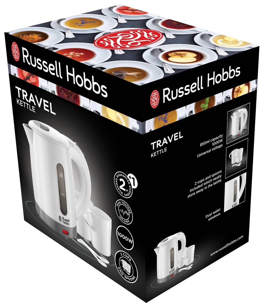 Russell Hobbs Bollitore acqua Elettrico da Viaggio, 0.85 L, 1000 W, 2 Tazze + 2 cucchiaini inclusi, tensione regolabile per uso in tutto il mondo, Filtro removibile, Plastica, Bianco, Travel 23840-70