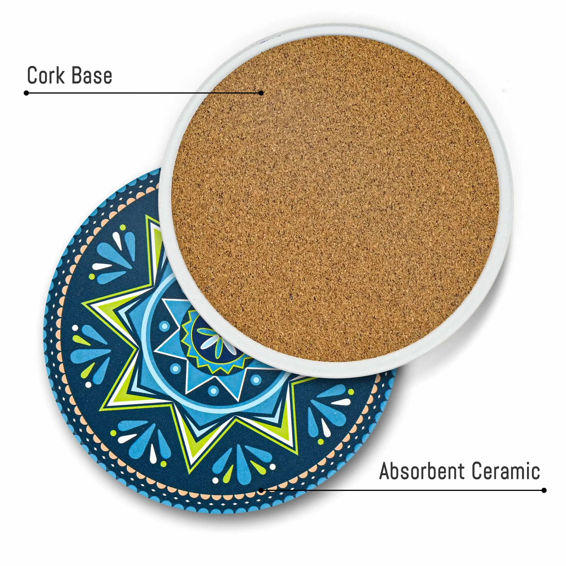 Set di 8 sottobicchieri mandala, ceramica, rotondi, supporto, assorbenti, base sughero antiscivolo, tappetino pietra ceramica, tazze, bicchieri da vino, cucina, bar, 10 cm