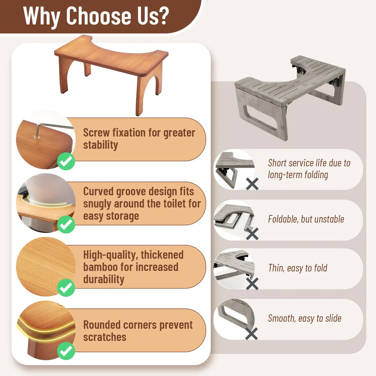 Sgabello WC in Legna, Sgabello WC Ergonomico per Adulti, Sgabello Da Bagno Pieghevole per Stitichezza E Gonfiore, Sgabello Salvaspazio per WC E Bagno