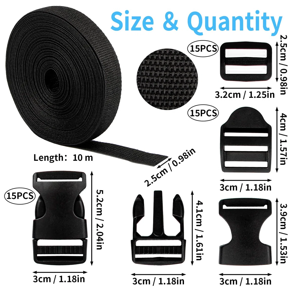 Cinghia Rigida 10m x 25mm, Cinghie Zaino in Polipropilene, Fettuccia Zaino con 45 Fibbie per Zaino in Plastica, Fibbia Zaino a Sgancio Rapido per Collari Fai Da Te e Cintura per Bagagli