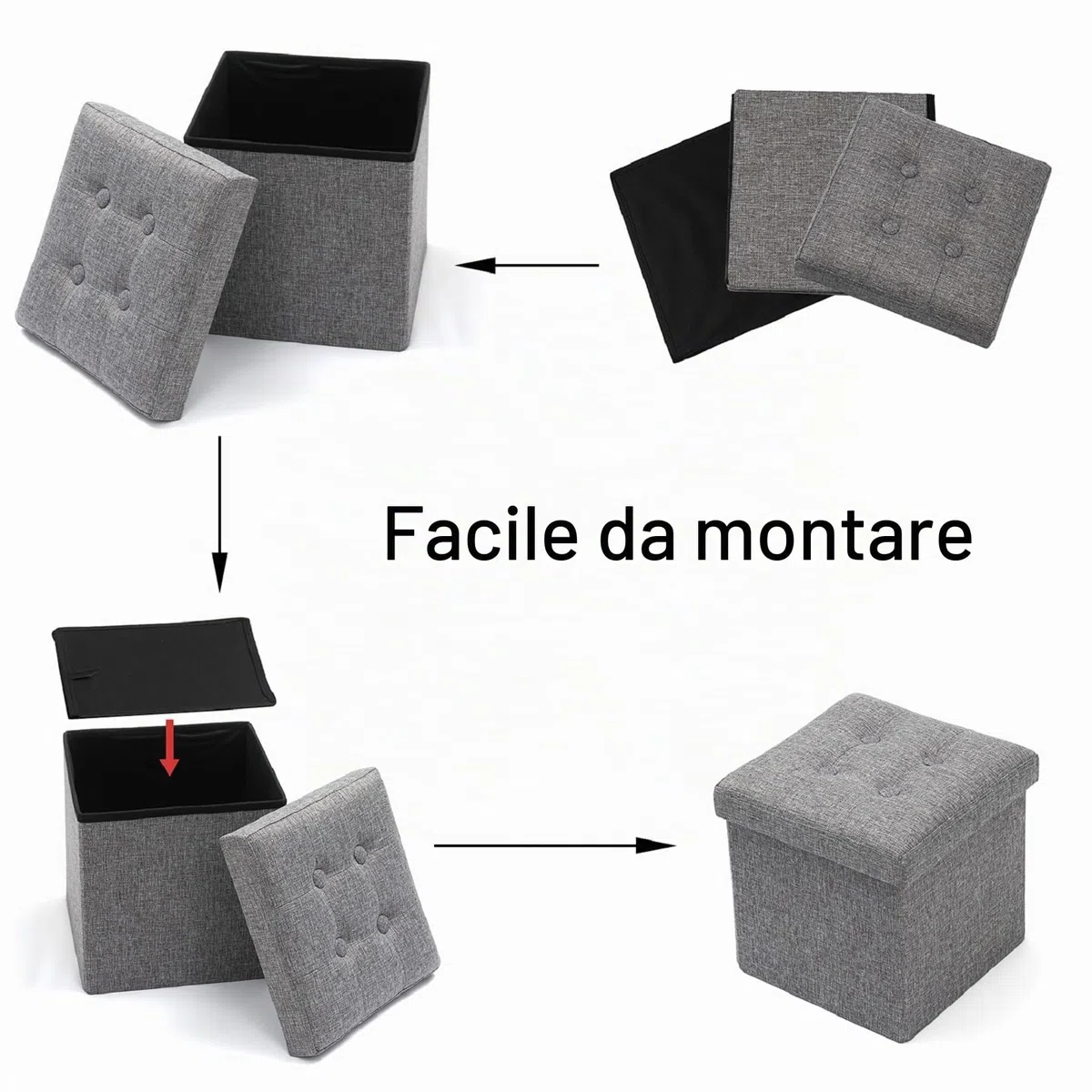 Oak & Tea Pouf Coffre de Rangement Contenitore Poggiapiedi Pieghevole Divano Cubi Portaoggetti con Coperchio Puffo Contenitore Grigio 30x30x30cm ottoman storage box
