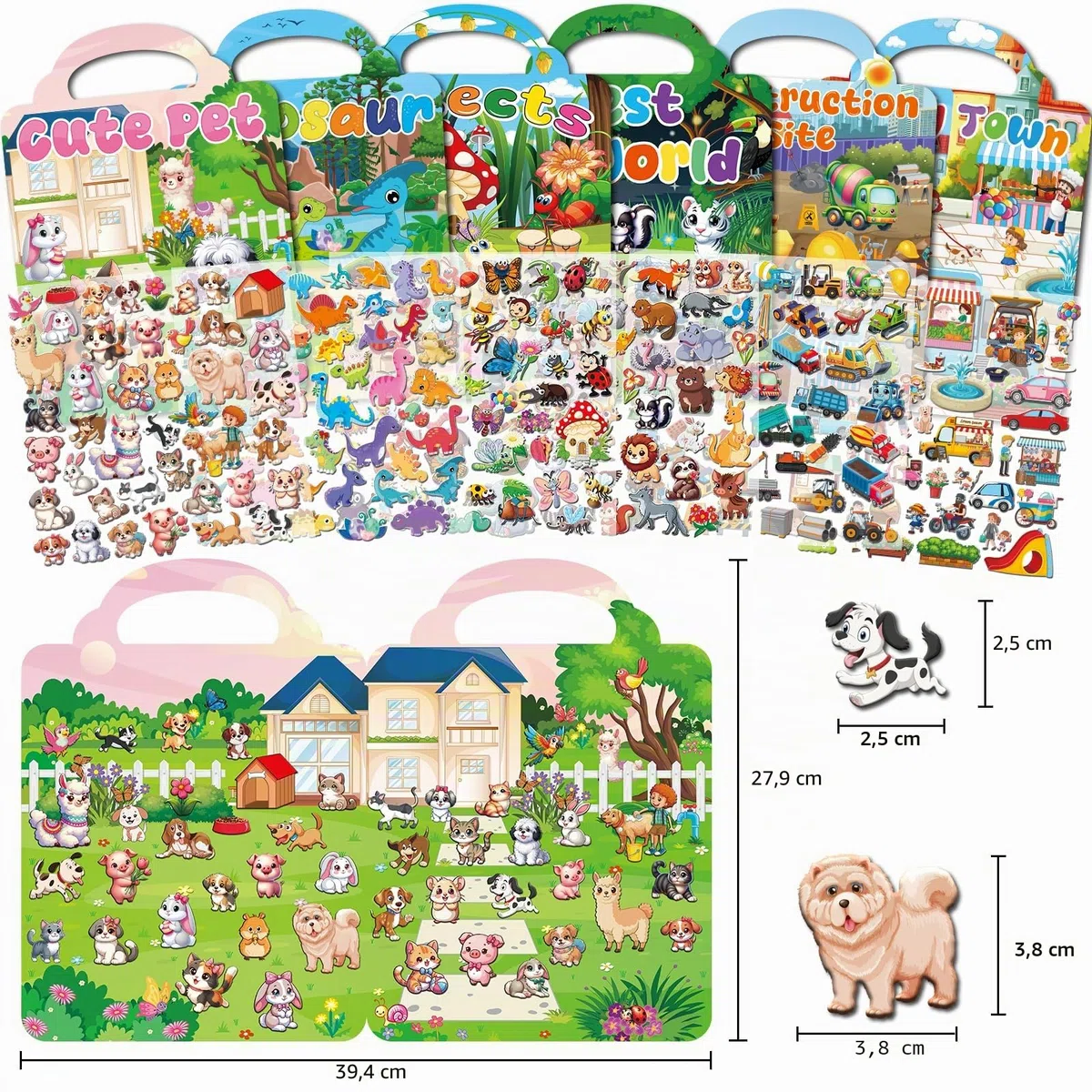 Kalysky 6 libri adesivi riutilizzabili, 250+ adesivi 3D per bambini 2-4, Nuovo tema-città, animali domestici, costruzioni, libri di attività adesivi, giocattoli educativi, regali di compleanno