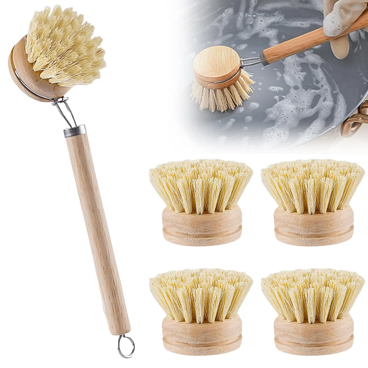 Spazzola per piatti in legno con testina intercambiabile, set di spazzole per cucina con fibra naturale, spazzola per lavare le stoviglie con 3 testine di ricambio, spazzola per pentole in fibra