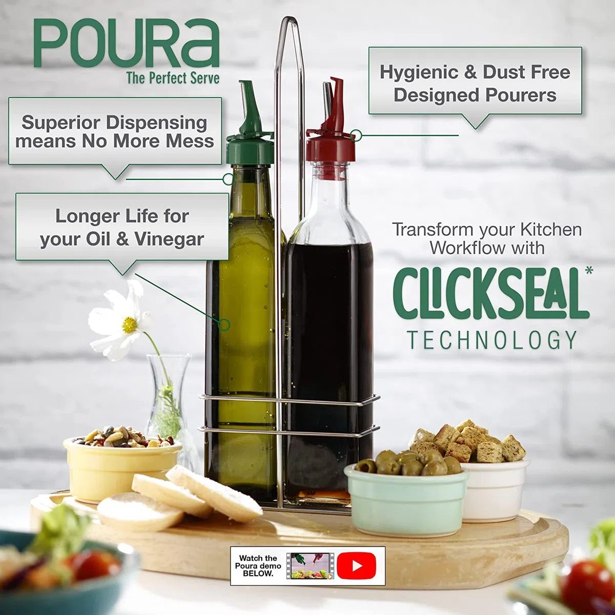 Poura Bottiglia olio d’oliva e aceto 500 ml – Con tappo salvagoccia ClickSeal in gomma naturale senza BPA – Set in vetro con imbuto in silicone – Accessorio da cucina