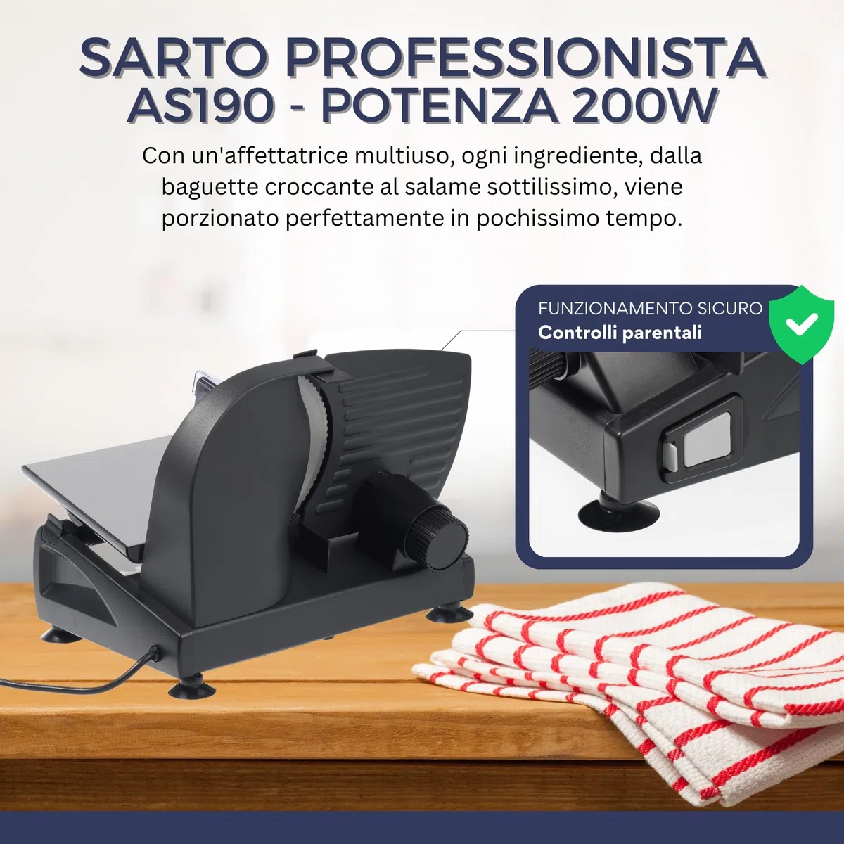 Sommertal AS190 DUAL Tranciatrice universale da 200 W in acciaio inossidabile con lama seghettata e affilatura liscia, compatta, elettrica, affettatrice per pane, affettatrice professionale, moderna