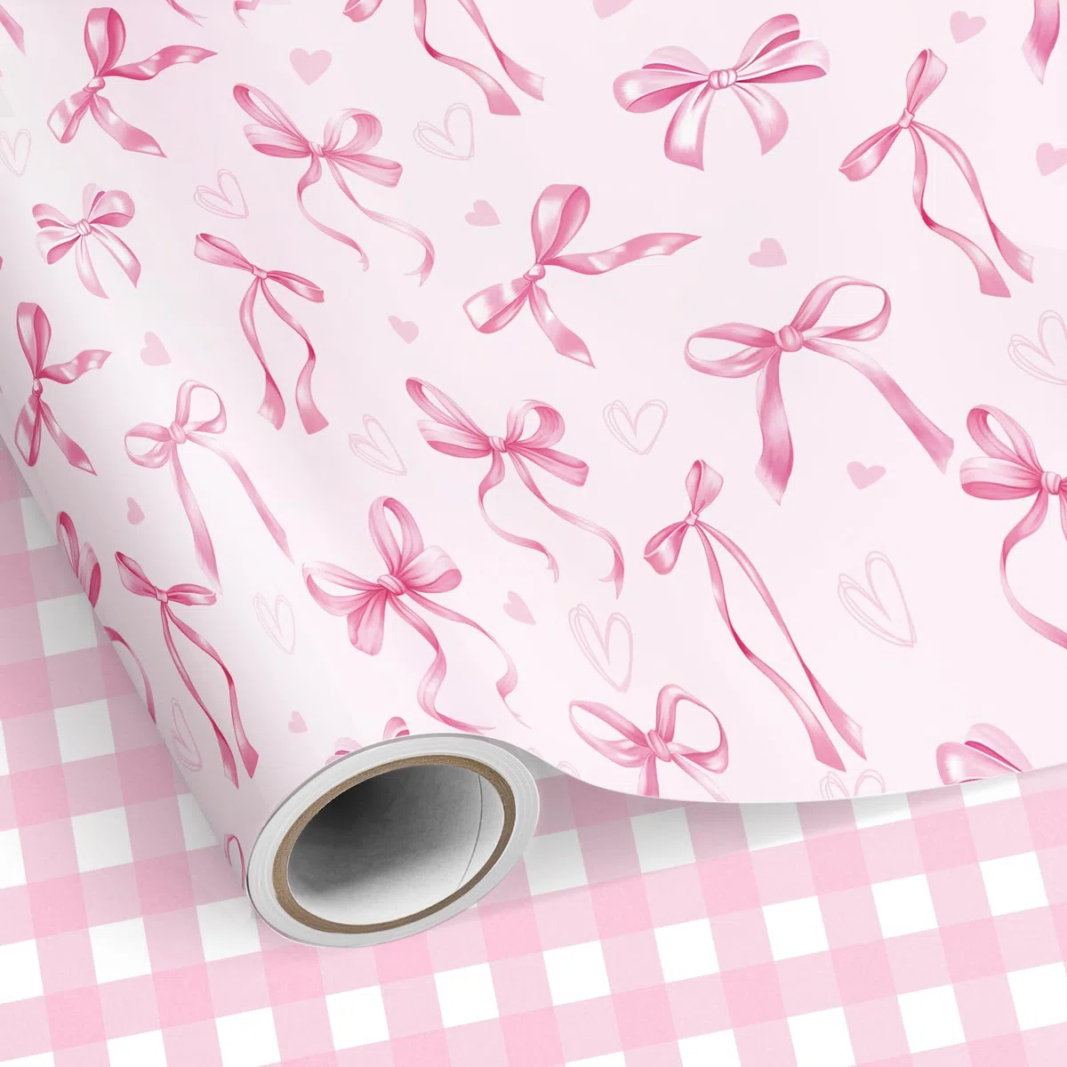 Neloheac Rotolo Carta da Regalo Fiocchi e Cuori Rosa Reversible Quadri, 43 cm x 10 m, Ideale per Compleanni di Ragazze Donne, Festa della Mamma, San Valentino, Bridal Shower, Matrimoni