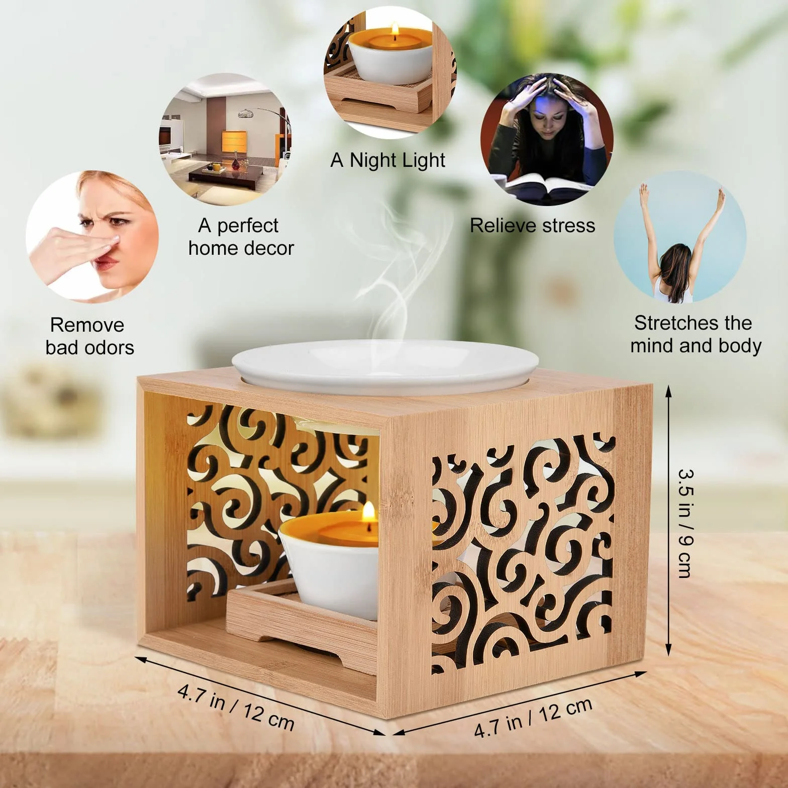 Lampada aromatica di bambù, lampada aromatica in ceramica, bruciatore di olio essenziale, cera fusa, lampada aromatica con portacandele decorativo, diffusore di aromi per la casa, ufficio,