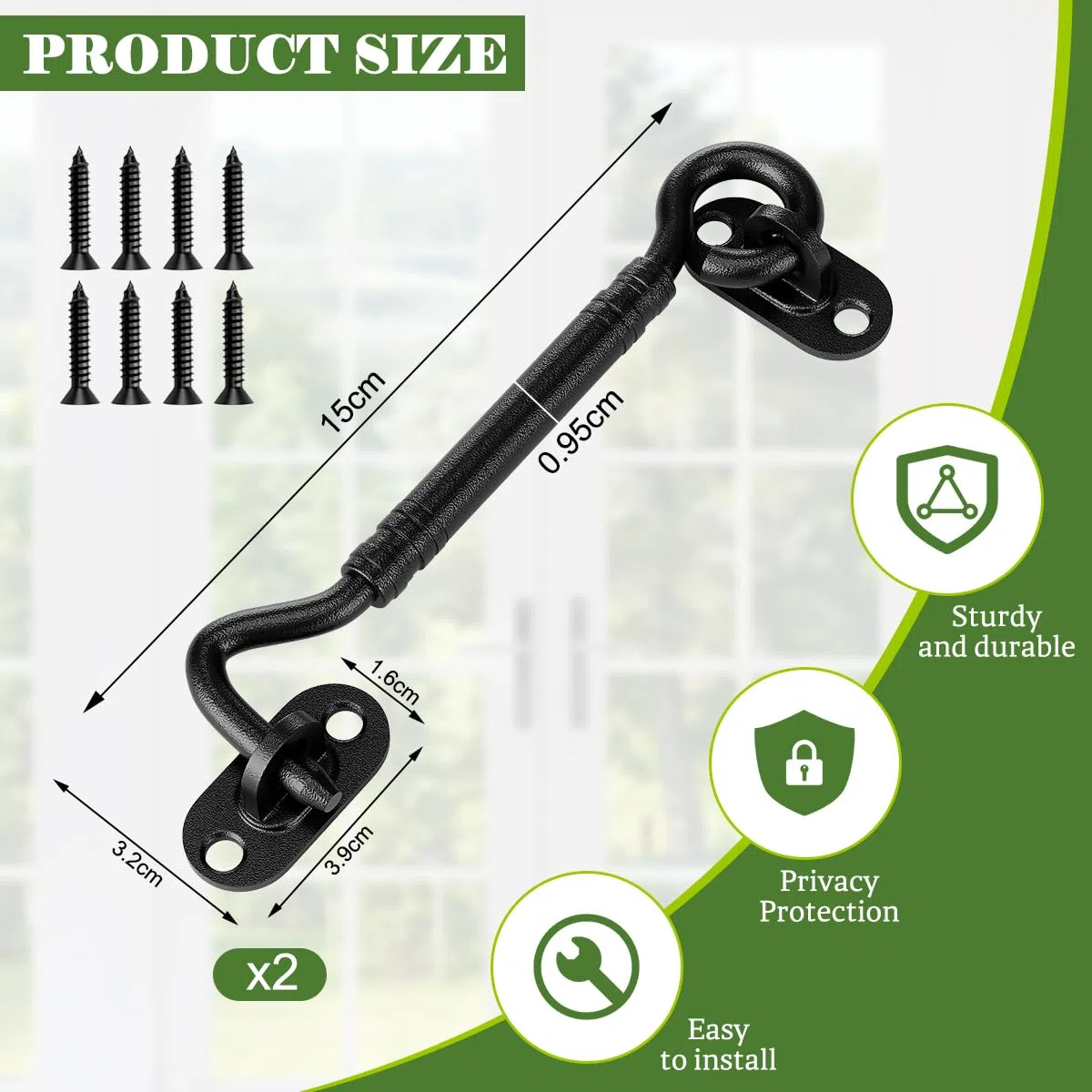 2 Pz Gancio e Chiavistello a Occhiello, 15cm Gancio per Cabina in Acciaio Inossidabile Nera Chiusura con Gancio e Occhiello Robusta Gancio e Occhio con 8 Viti Gancio per Armadio Finestra Porta