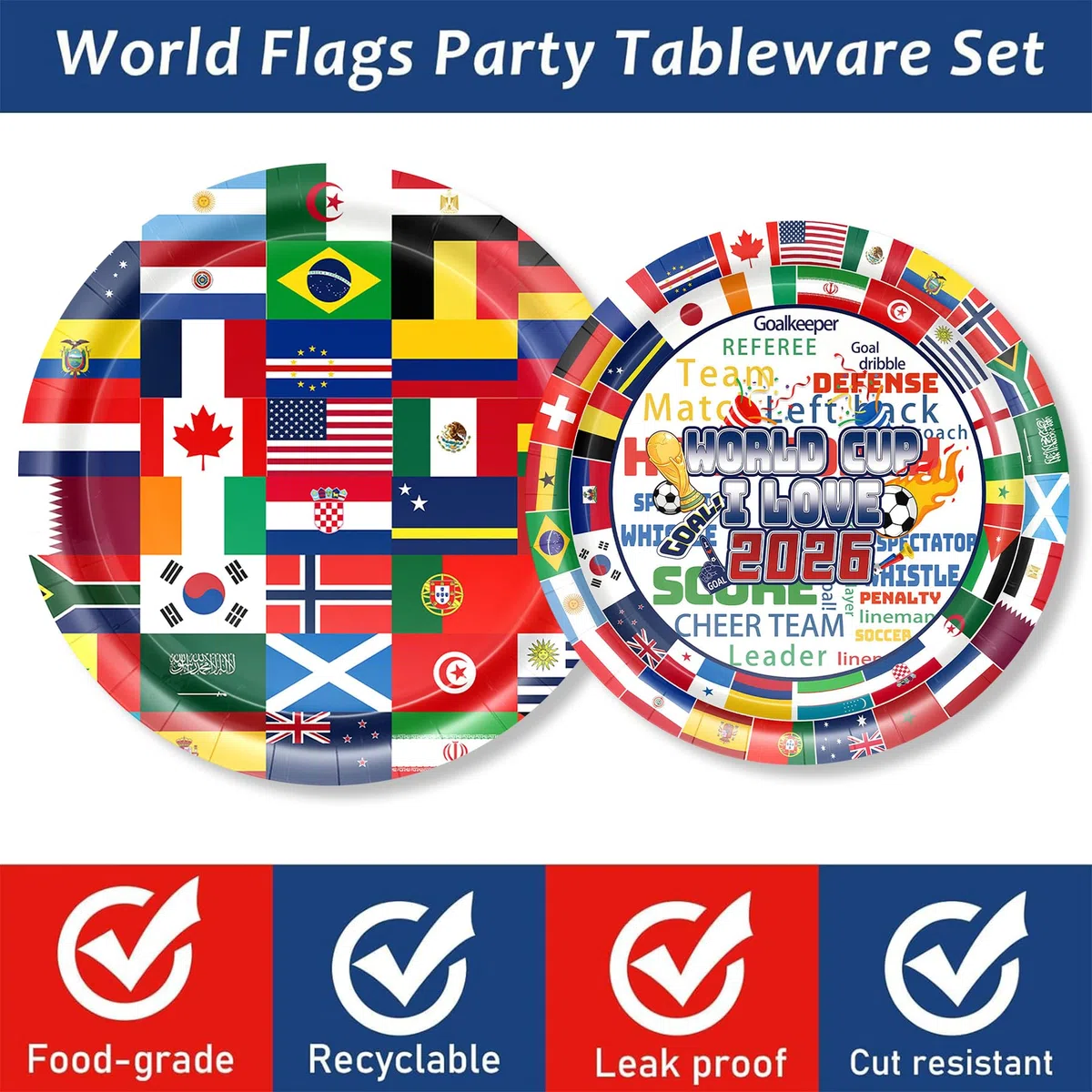 Set di 40 bandiere del mondo, stoviglie per feste di compleanno, con piatti di carta, decorazioni per feste per 10 ospiti