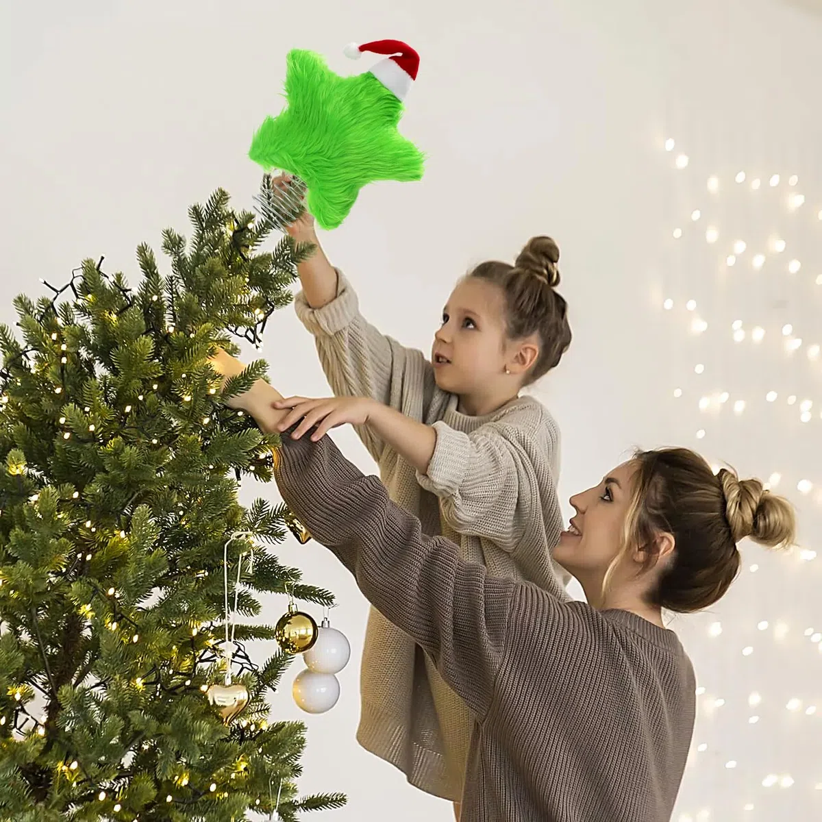 Puntale per albero di Natale in peluche, 19 cm, con mini cappello di Natale, verde