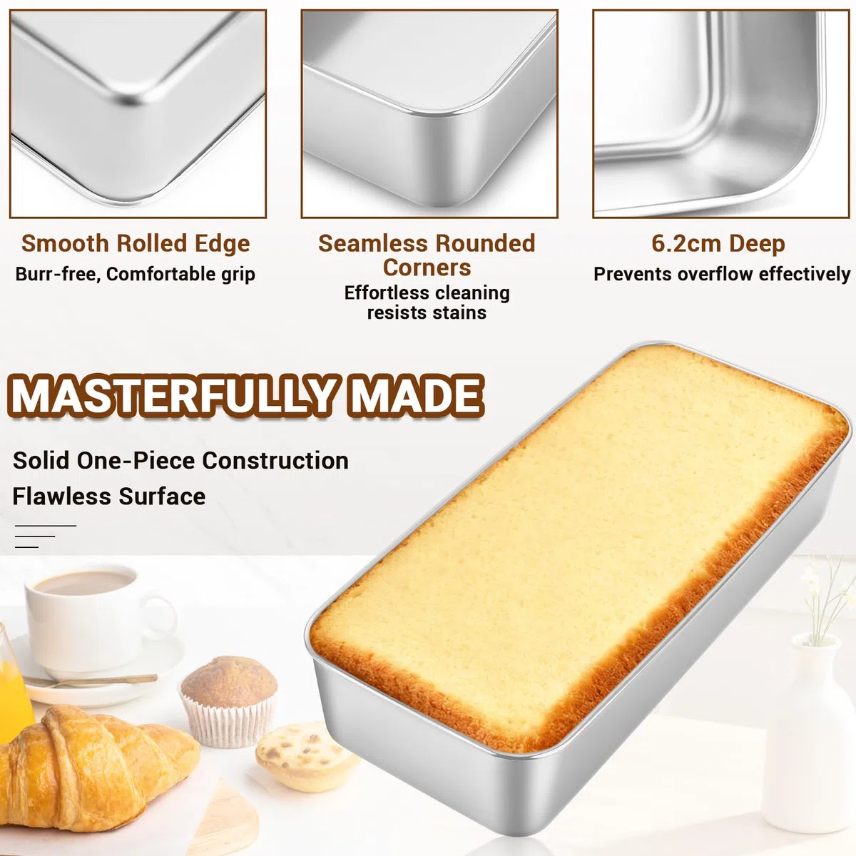 Set di 2 stampi rettangolari per pane – 32,5 x 15 x 6,2 cm, stampo per pane rinforzato, stampo per pane e torte in acciaio inossidabile, struttura monoblocco, lavabile in lavastoviglie