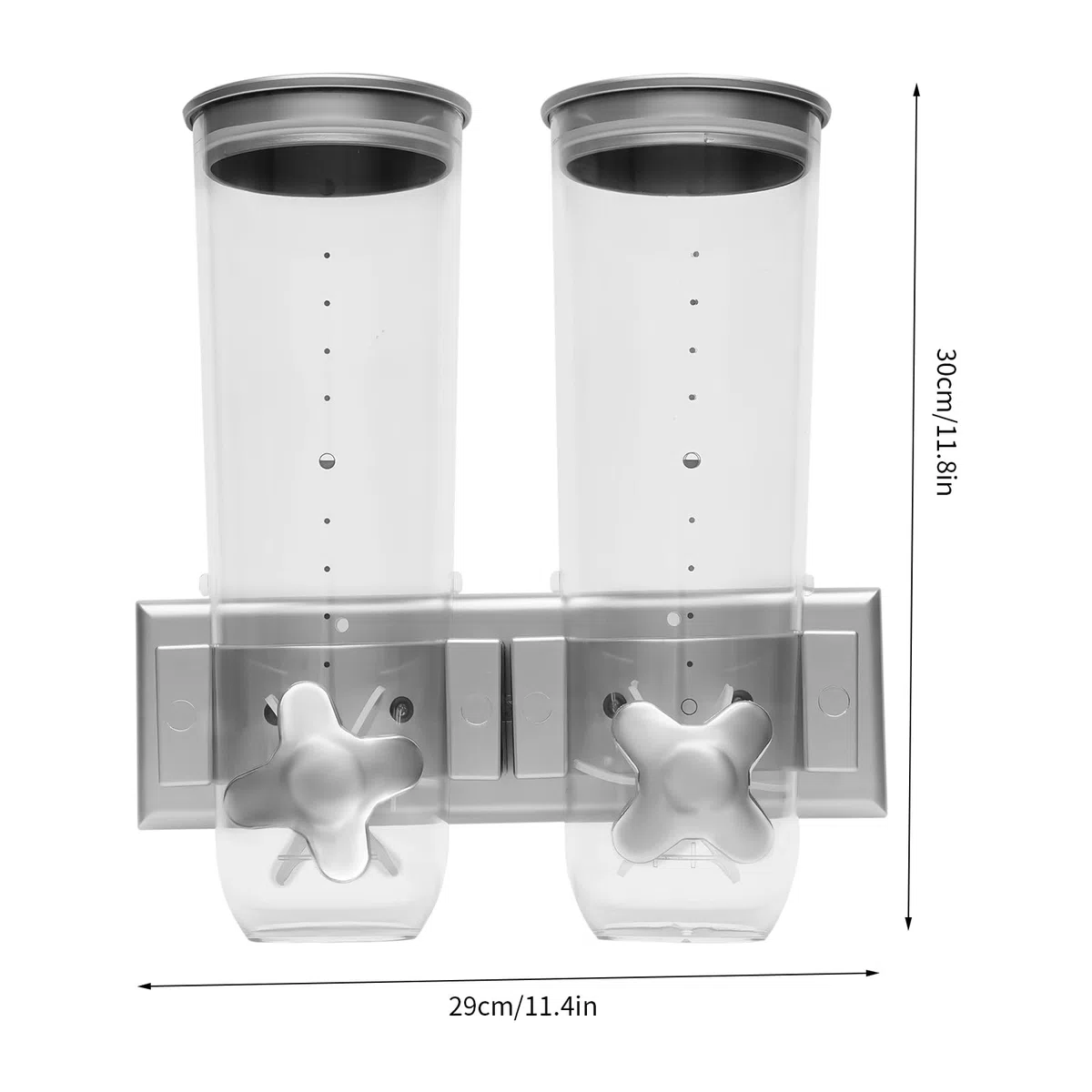 Dispenser per cereali, doppio montaggio a parete, 3 l, doppio contenitore, in plastica, per cereali, cereali e caramelle, 11,4 x 5,9 x 11,81 pollici, argento