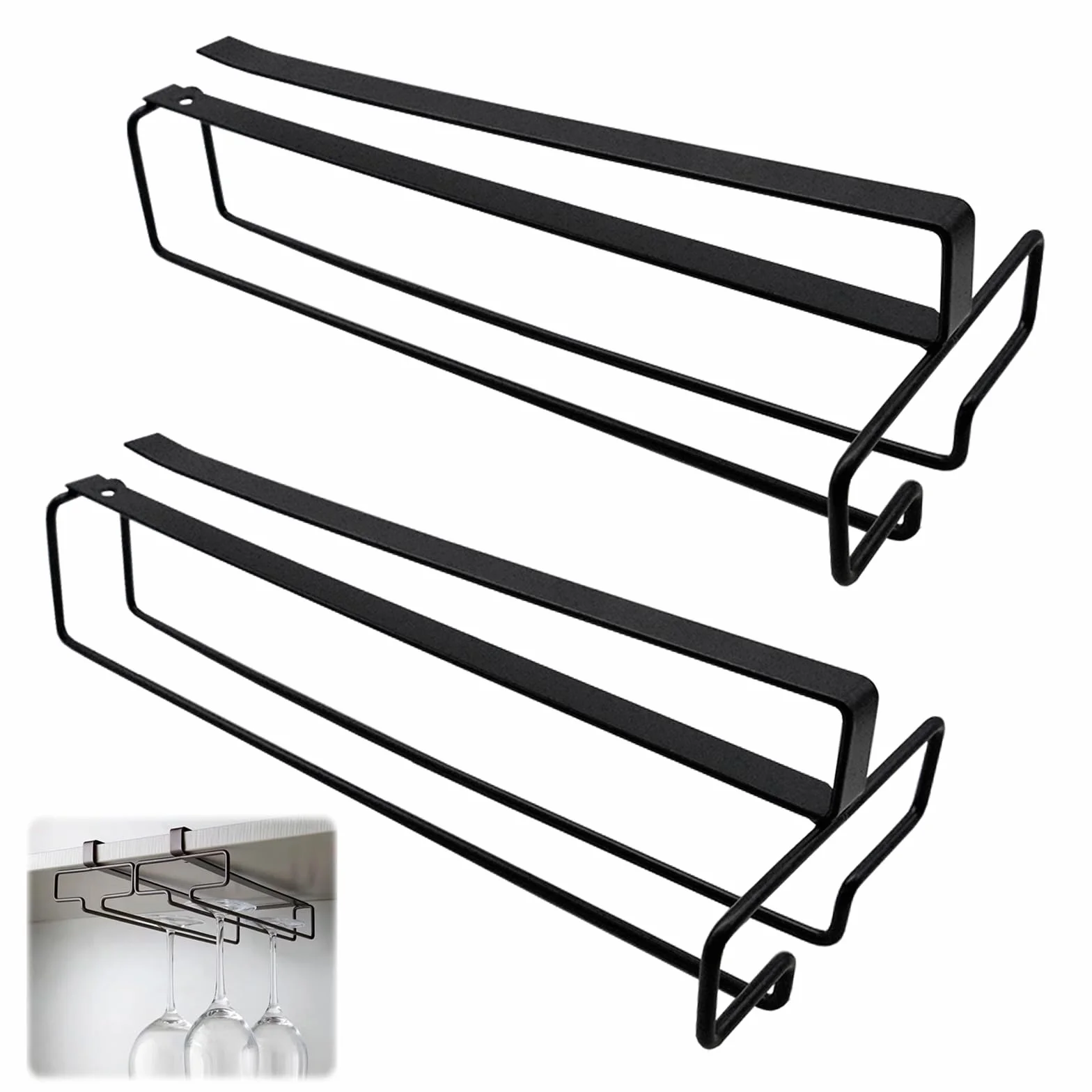 2 Pezzi Supporti per Bicchieri da Vino Sospesi, in Metallo, Portabicchieri da Vino Sotto l'Armadio, Supporto Stemware Portabicchieri per Cucina, Bar, Ristorante (Nero)