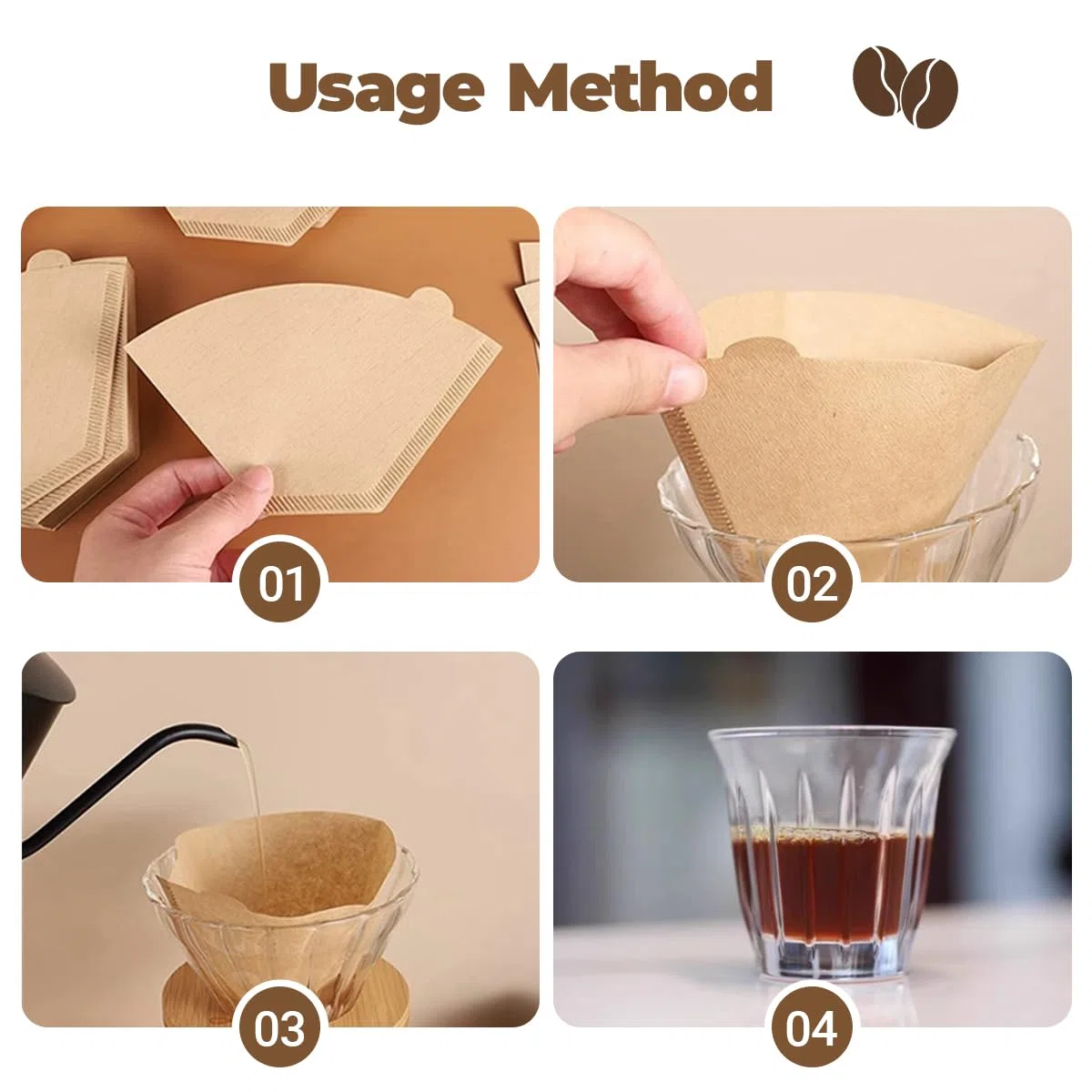 200 Pezzi 2-4 Tazze Filtro Caffe Americano 02 | U Forma, Naturale, Non Sbiancata per Filtri Manuali, Macchine da Caffè, Caffettiere