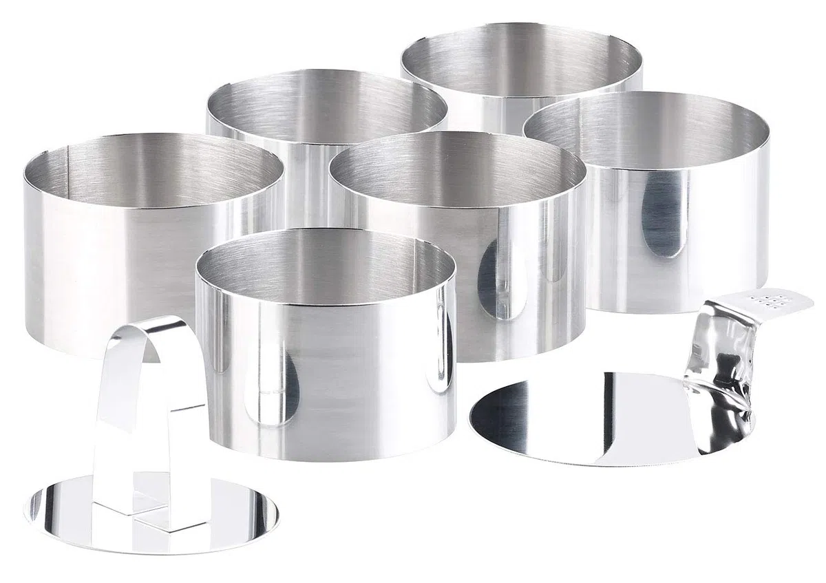 Rosenstein & Söhne Cake Rings - Dessertringe: 6 rotondi Dessert-/Piatto da portata, con sollevatore e pestello, Ø 8 cm, 5 cm di altezza, acciaio inox (baking rings 8, anelli decorativi, torta)
