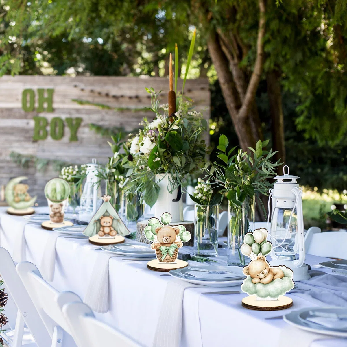 8 Pezzi Decorazioni in Legno per Baby Shower, Verde Salvia, Orso, Topper da Tavolo con Cartello Rimovibile, per Bambino O Bambina, Decorazioni per Rivelazion