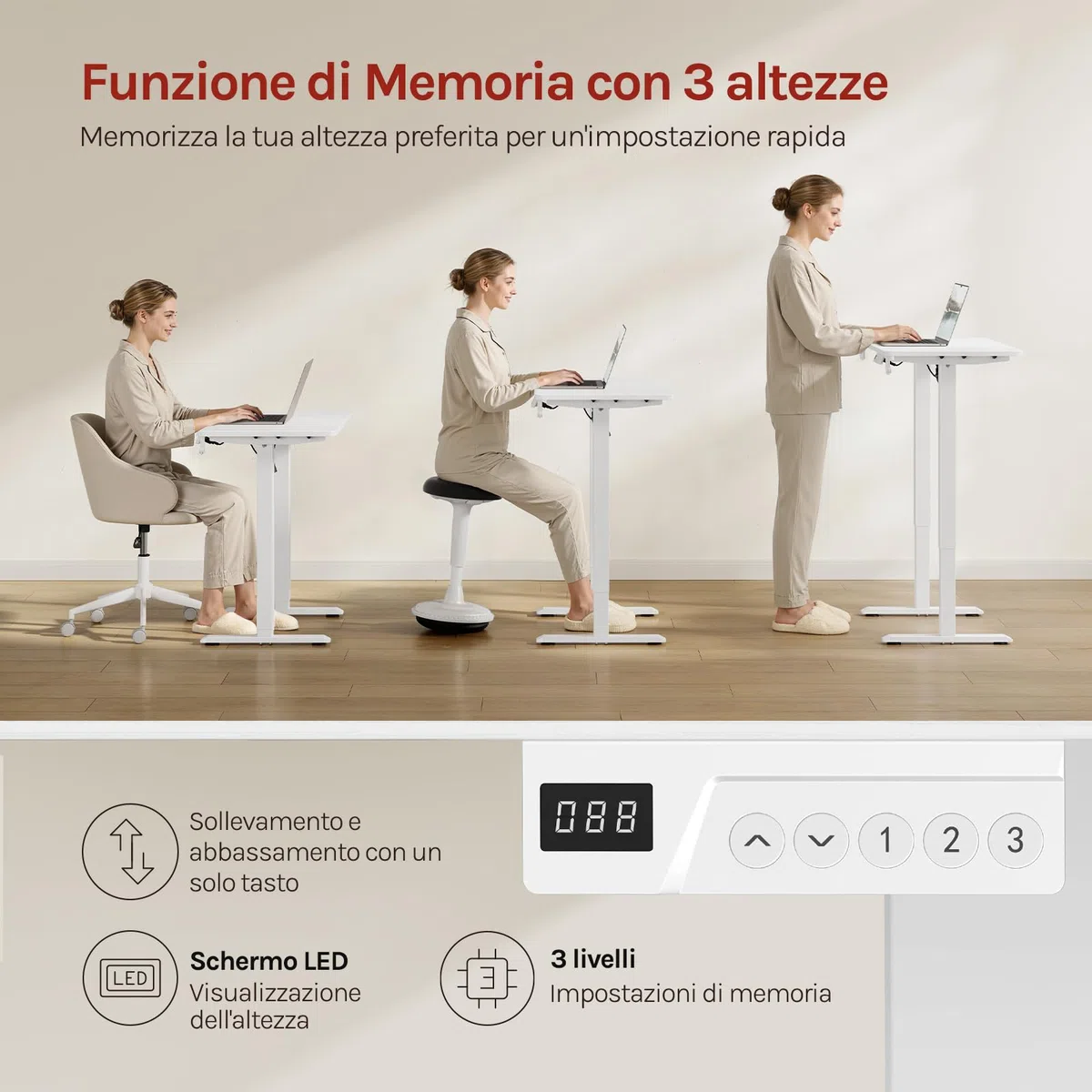 WOLTU Scrivania Elettrica Regolabile in Altezza 72-118 cm, con 3 Memorie e 2 Ganci – Bianco, Silenziosa, Capacità di Carico 80 kg – per Ufficio, Casa, Gaming e Studio, 80x48 cm