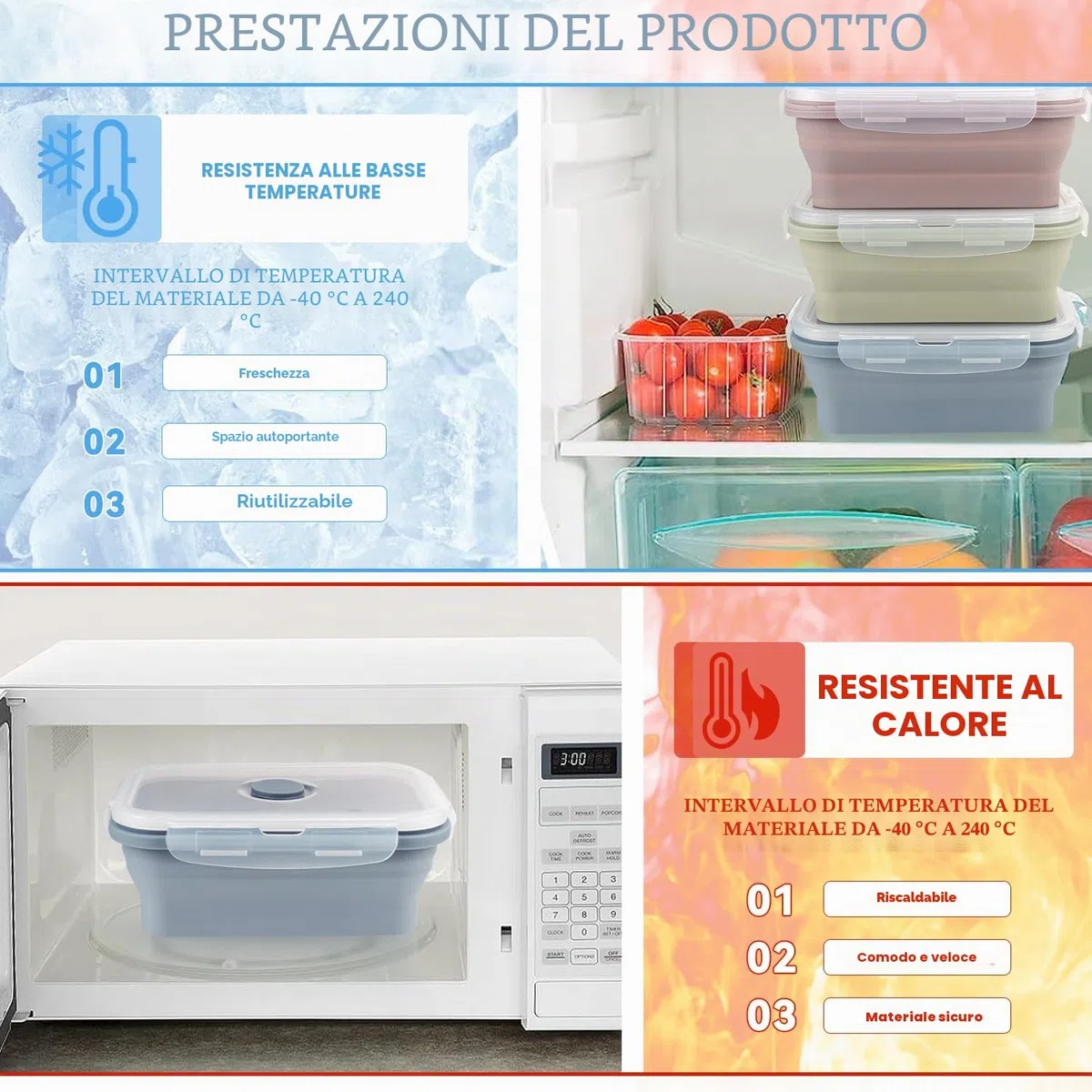 Pranzo del Silicone Contenitori Pieghevoli 3 Pezzi 550ML Pieghevole Lunch Bento Box per Lavastoviglie Congelatore Forno a Microonde