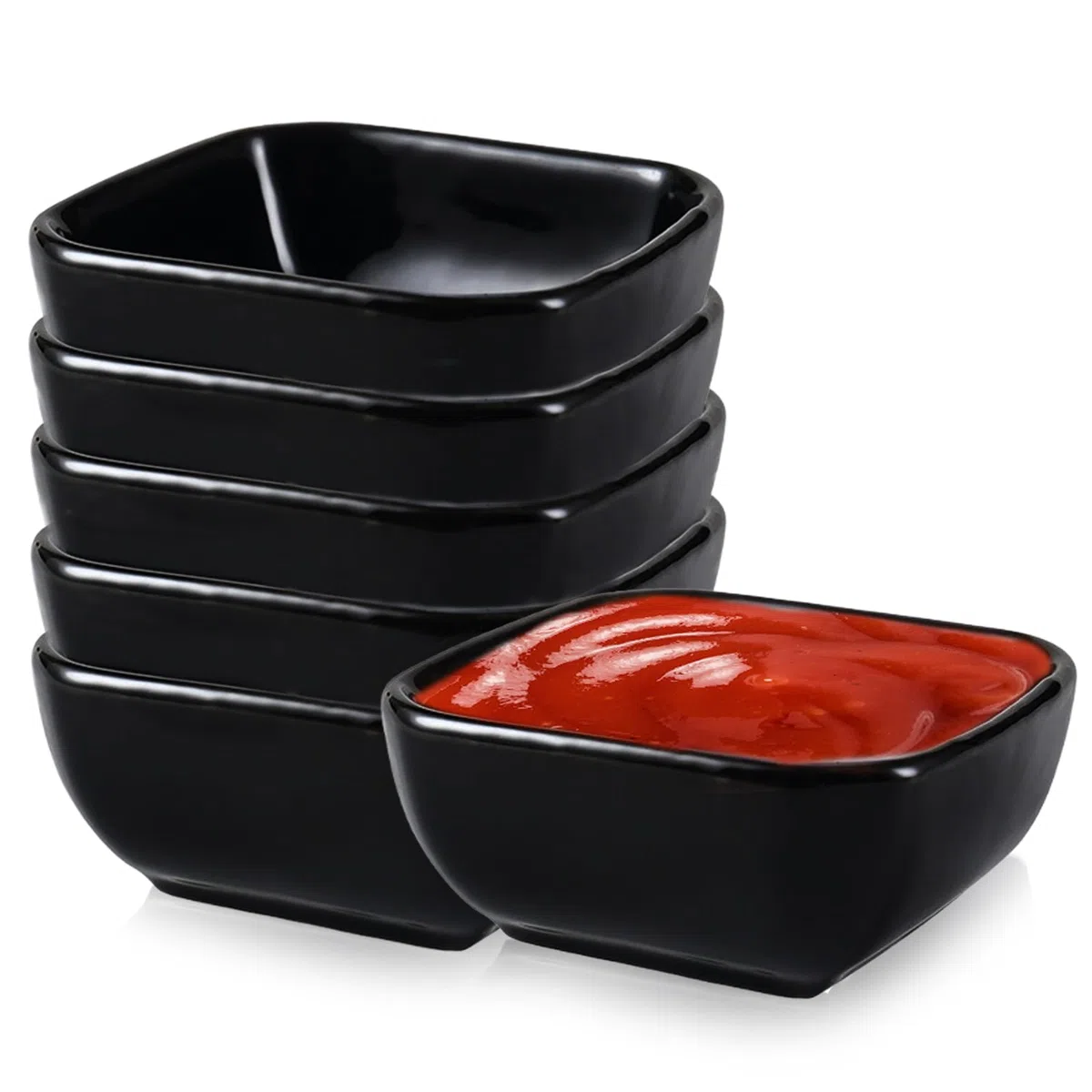 BAIFULAI Set di 6 ciotole nere da 95 ml, piccole ciotole in ceramica per salse, impilabili, quadrate, salsa di soia, tapas, set di ciotole per Charcuterie Board Sushi, salsa di pomodoro, barbecue