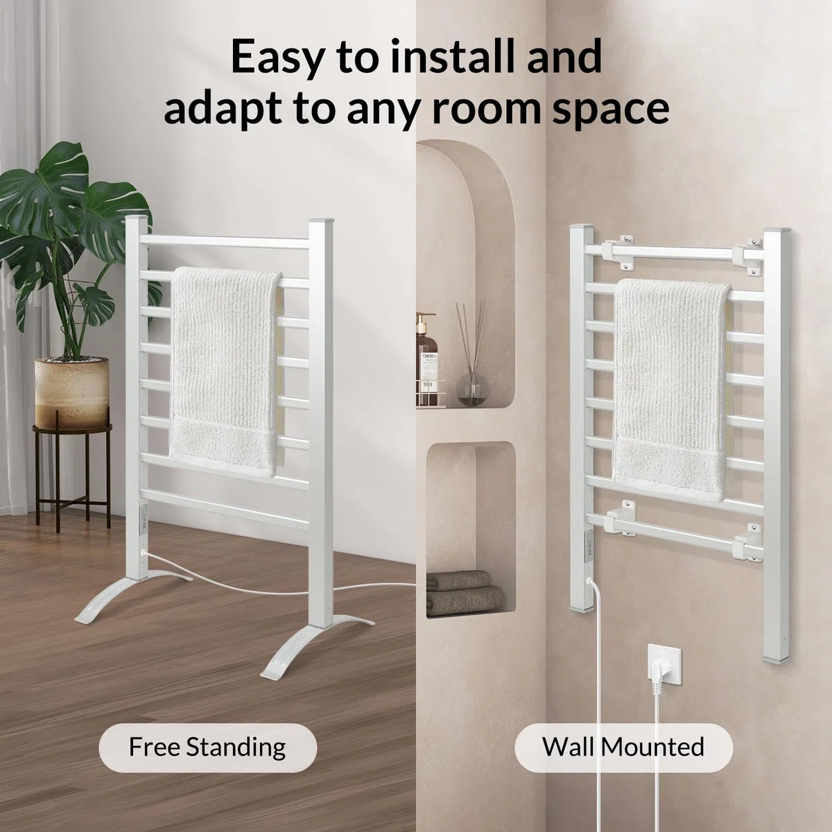 Todeco Scaldasalviette Termoarredo Bagno con Timer, 2in1 da Terra e Parete Asciuga Asciugamani Elettrico, Asciugabiancheria Portasciugamani, Compatto e Versatile, 8 Barres