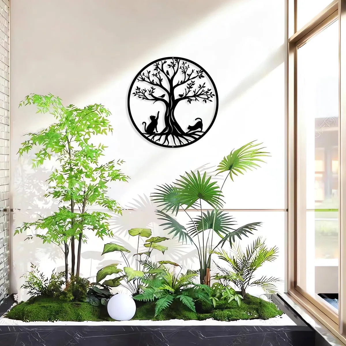Pduoduo Decorazione da parete in metallo nero con albero della vita (con gatto e uccello), idea regalo, decorazione per interni ed esterni, giardino, casa (50 cm)