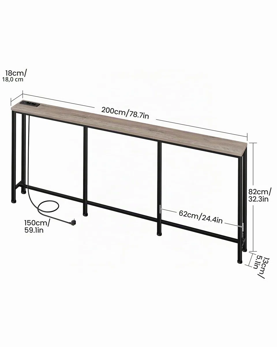 CHOEZON Tavolo Consolle, Consolle Ingresso da 200 cm con 2 Prese e 2 Porte USB, Tavolo da Divano Stretto, Stile Industriale, per Ingresso, Soggiorno, in Grigio e Nero DTXG20CBG