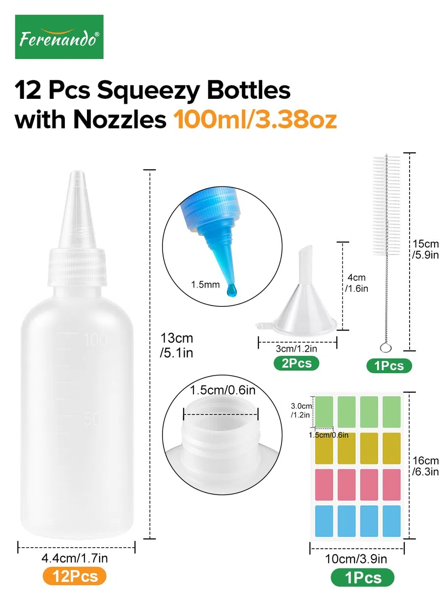 12 Pezzi Bottiglia Squeeze di Plastica, 100ml Riutilizzabili Squeeze Bottle, Bottiglie per Squeeze con Tappi, Vuote Condimento Dispenser per Ketchup, Senape, Olio d'oliva, Mayo