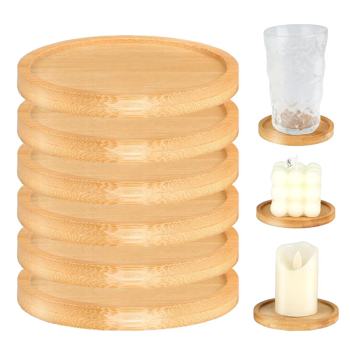 Sottobicchieri per candele, 6 pezzi, in legno (oliato), piatti per candele con diametro di 9 cm, sottobicchieri per battesimi, candele di nozze, per decorare o come articolo da regalo