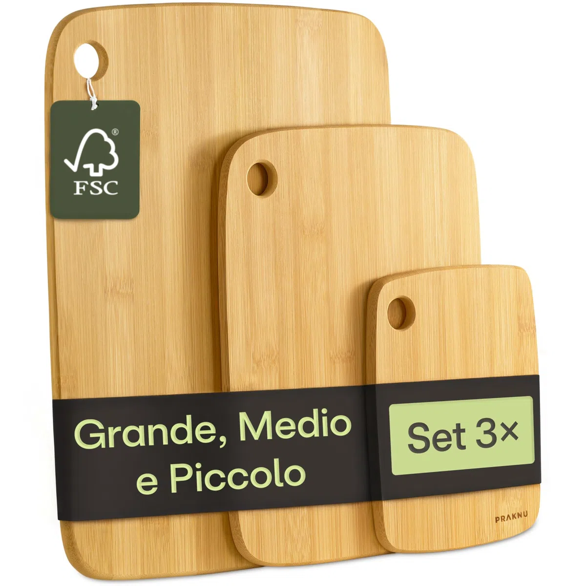 Praknu Set di 3 taglieri in legno – versatile e robusto – tagliere sostenibile FSC bambù per verdure, carne e pane – diverse dimensioni