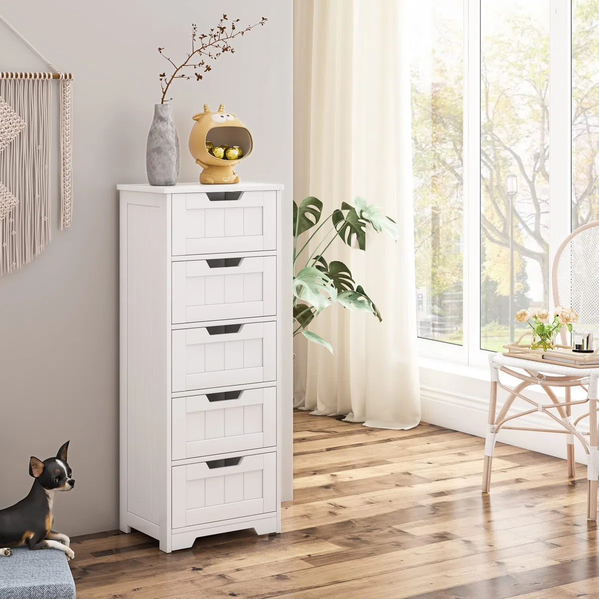 FOREHILL Mobile Bagno con 5 Cassetti,Cassettiera bagno in Legno,Armadietto Autoportante per Soggiorno, Cucina, Corridoio, Bagno 40x30x102cm Bianco