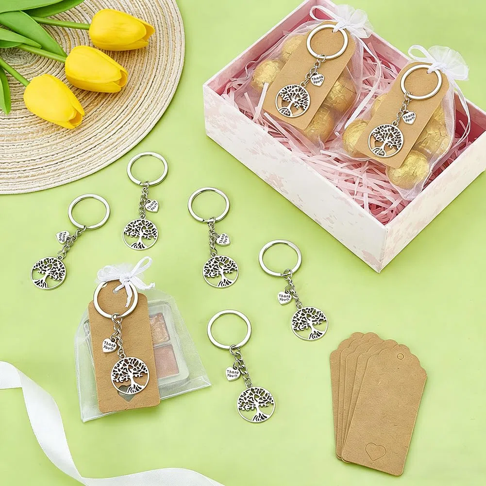 PH PandaHall 24 Set Portachiavi Albero della Vita con Etichette di Grazie Ciondoli Albero della Vita con Sacchetti in Organza e Etichette di Carta Regali per Battesimo Comunione Matrimonio