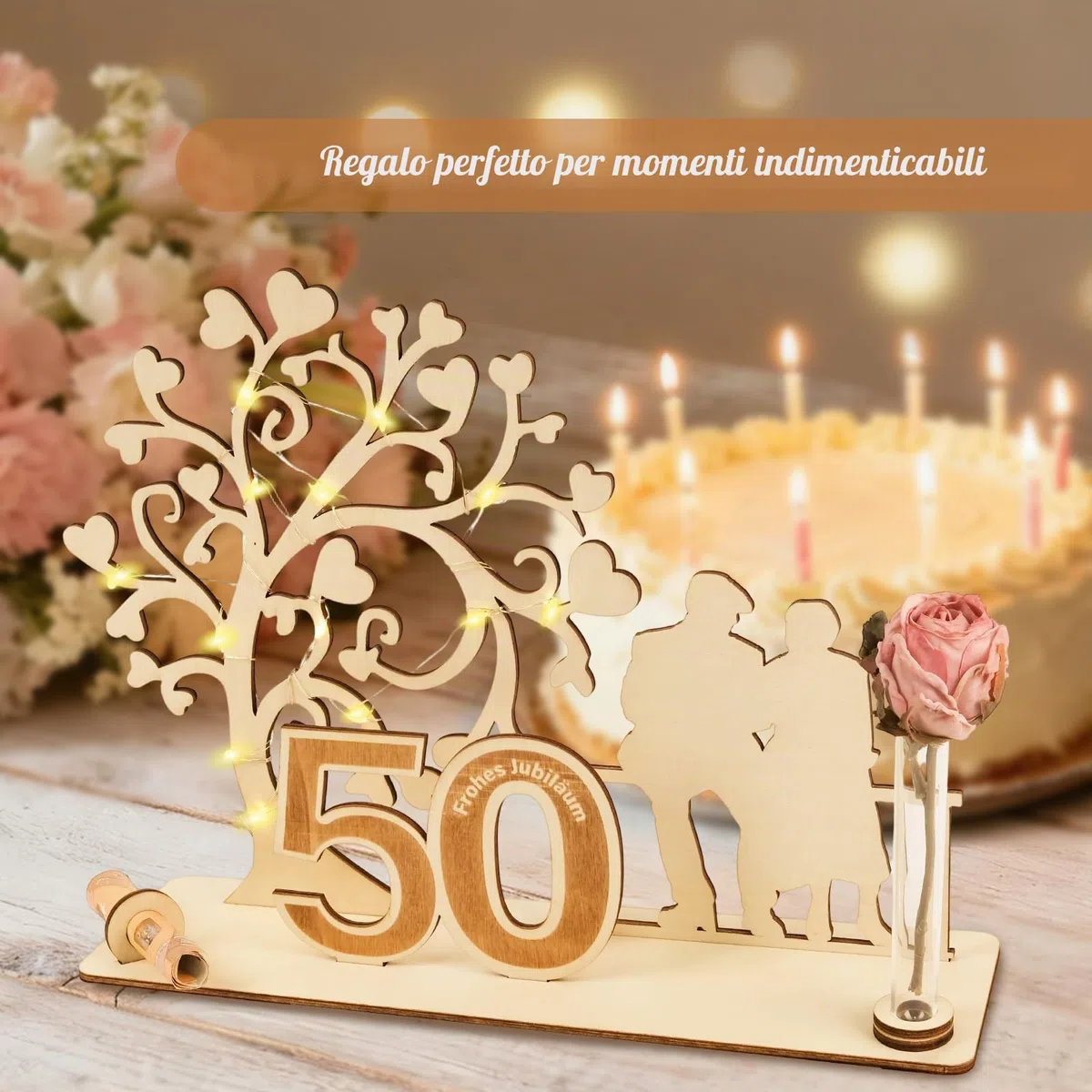 Regalo in legno per 50 anni di matrimonio, decorazione in legno con albero a cuore e LED, idea regalo per il 50° anniversario di matrimonio