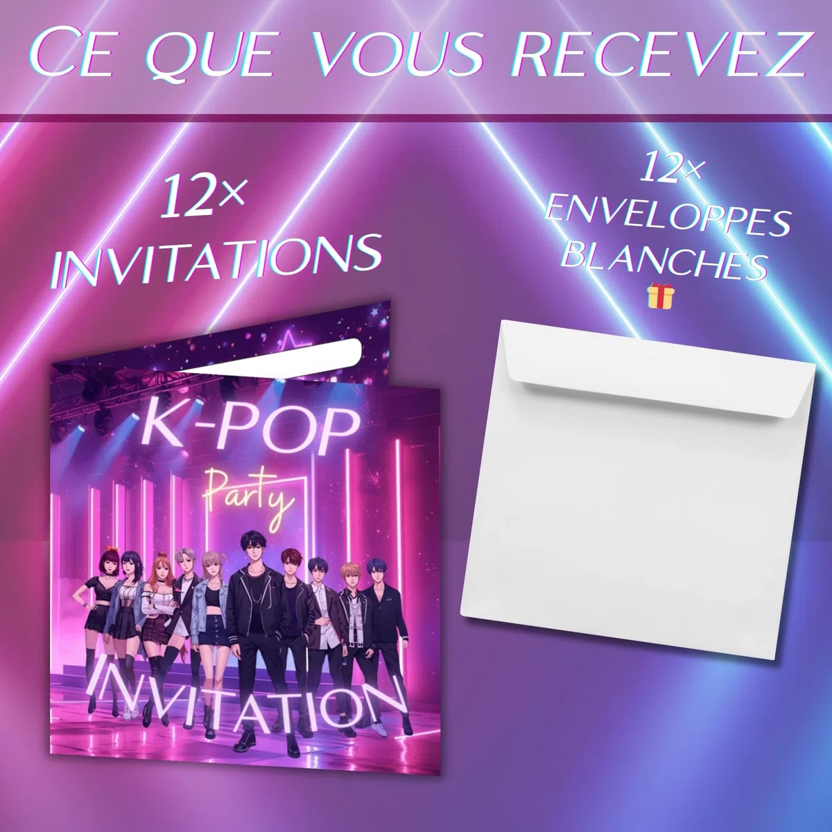 Set di 12 biglietti quadrati (12x12 cm) con buste - Inviti di compleanno eleganti per uomini e donne (K-Pop)