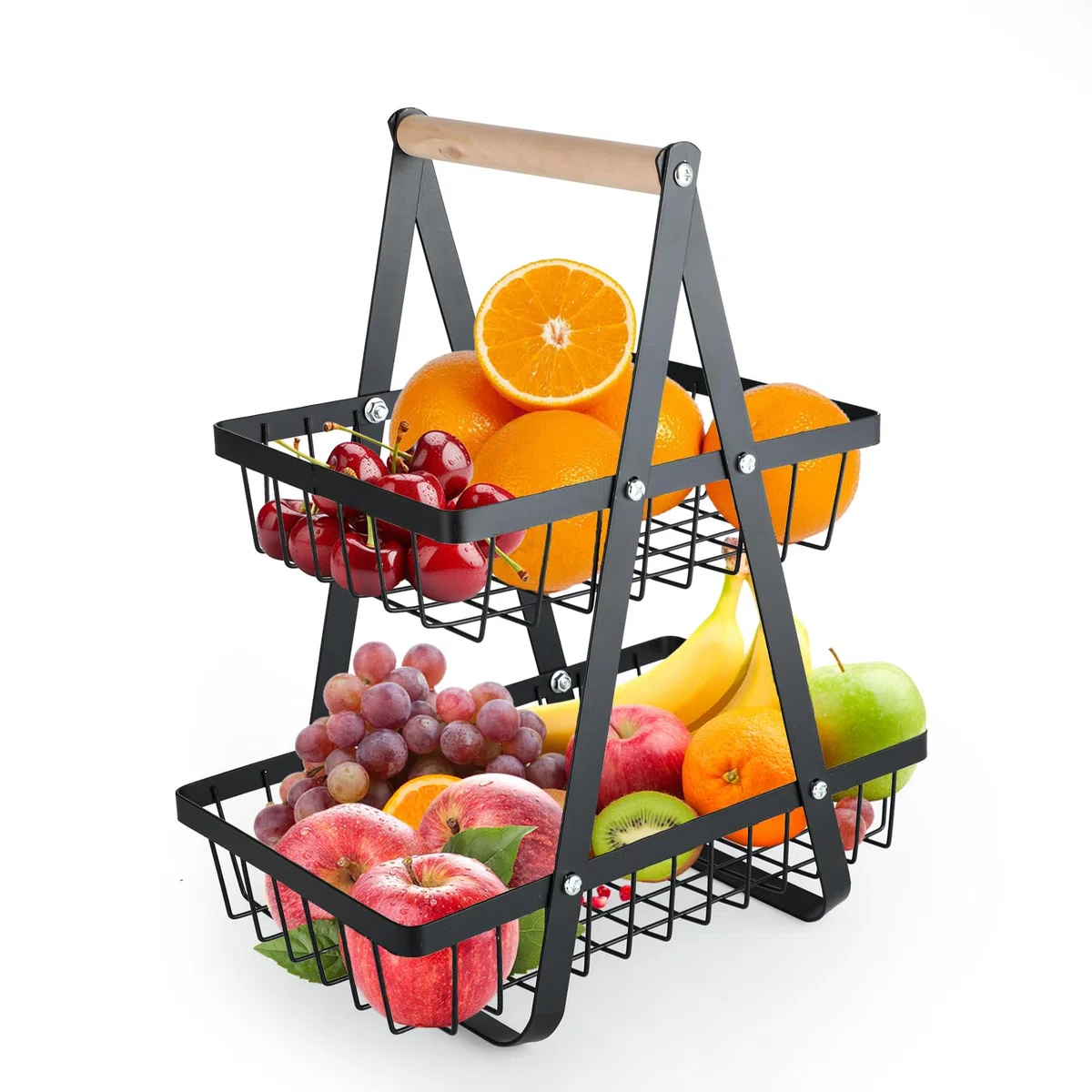 Alzata per frutta con 2 ripiani,Cestino Frutta,con manico in legno, rimovibile,scaffale angolare in piedi,Porta Frutta da Tavolo per Verdura Snack (Nero)