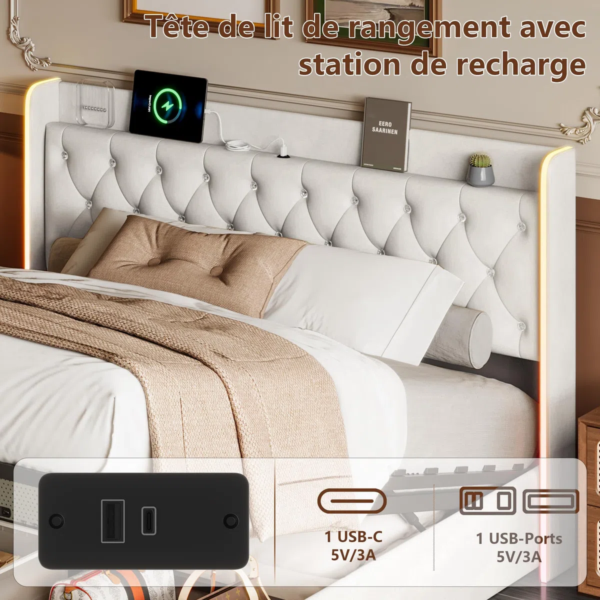 BRILVERDE Letto Imbottito 160x200 con Contenitore Idraulico, Letto Matrimoniale a LED con USB, Funzionale con testiera, Struttura Letto con Rete a doghe, in Velluto (Beige, 160 x 200 cm)