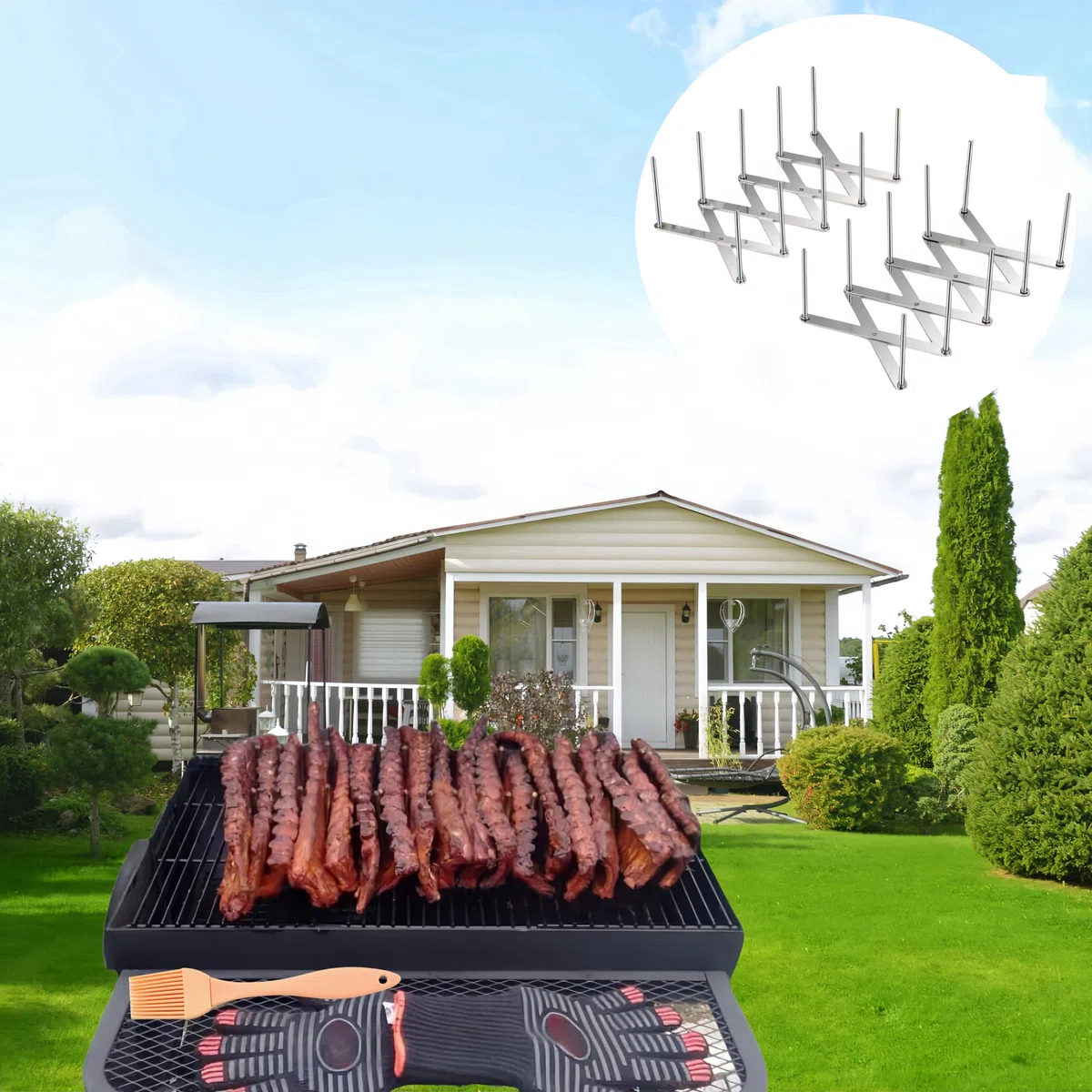 Porta BBQ in Acciaio Inox, 2 Pezzi Regolabile Retrattile Rack per Costine, Porta Coperchio, Ripiano per Barbecue per La Preparazione di Costolette O Arrosto con 2 spazzole in silicone