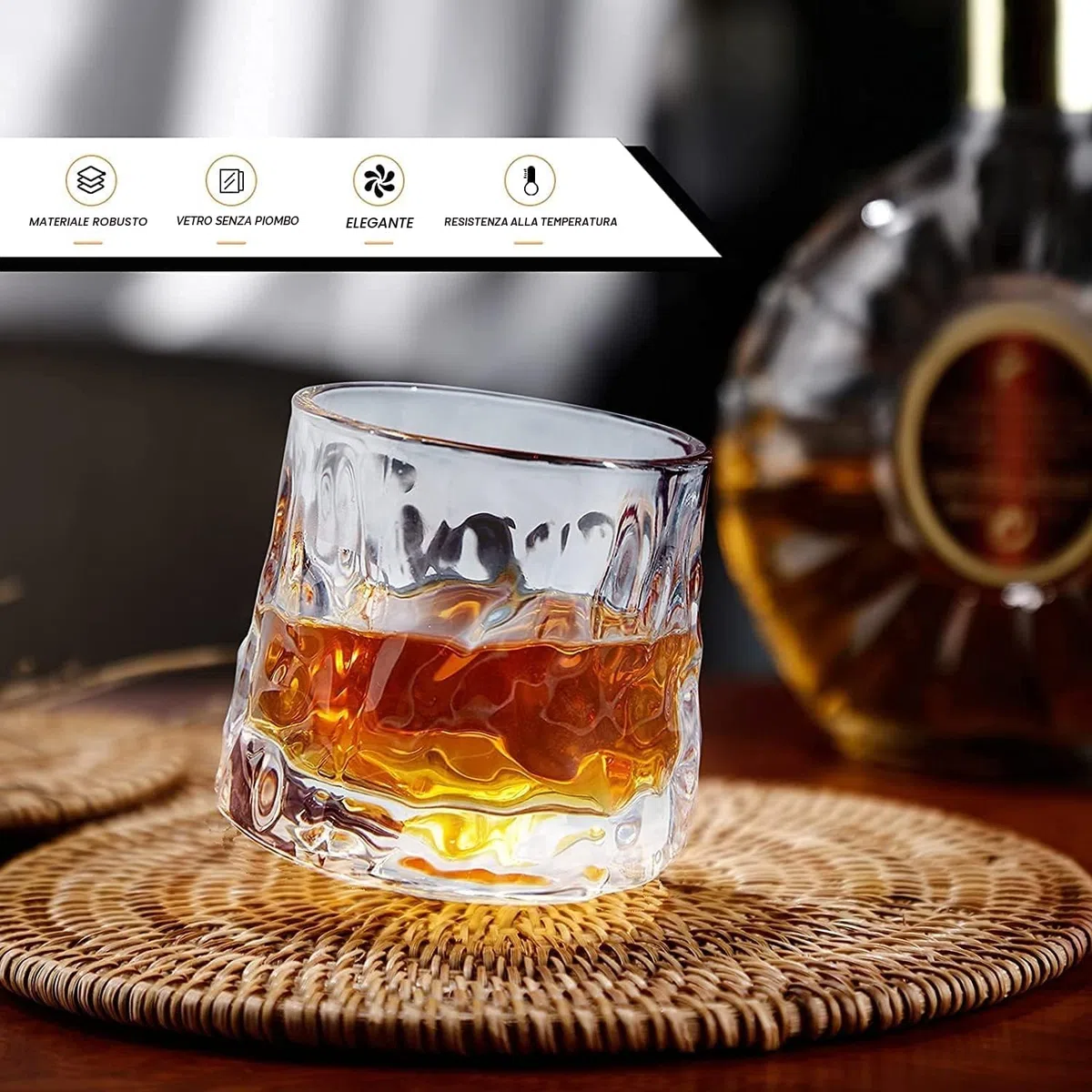 Set di 2 bicchieri da whisky rotanti e decompressivi - Old Fashioned, stile da bar, per bourbon Scotch Rum (confezione da 2 pezzi, texture a martello, 180 ml)