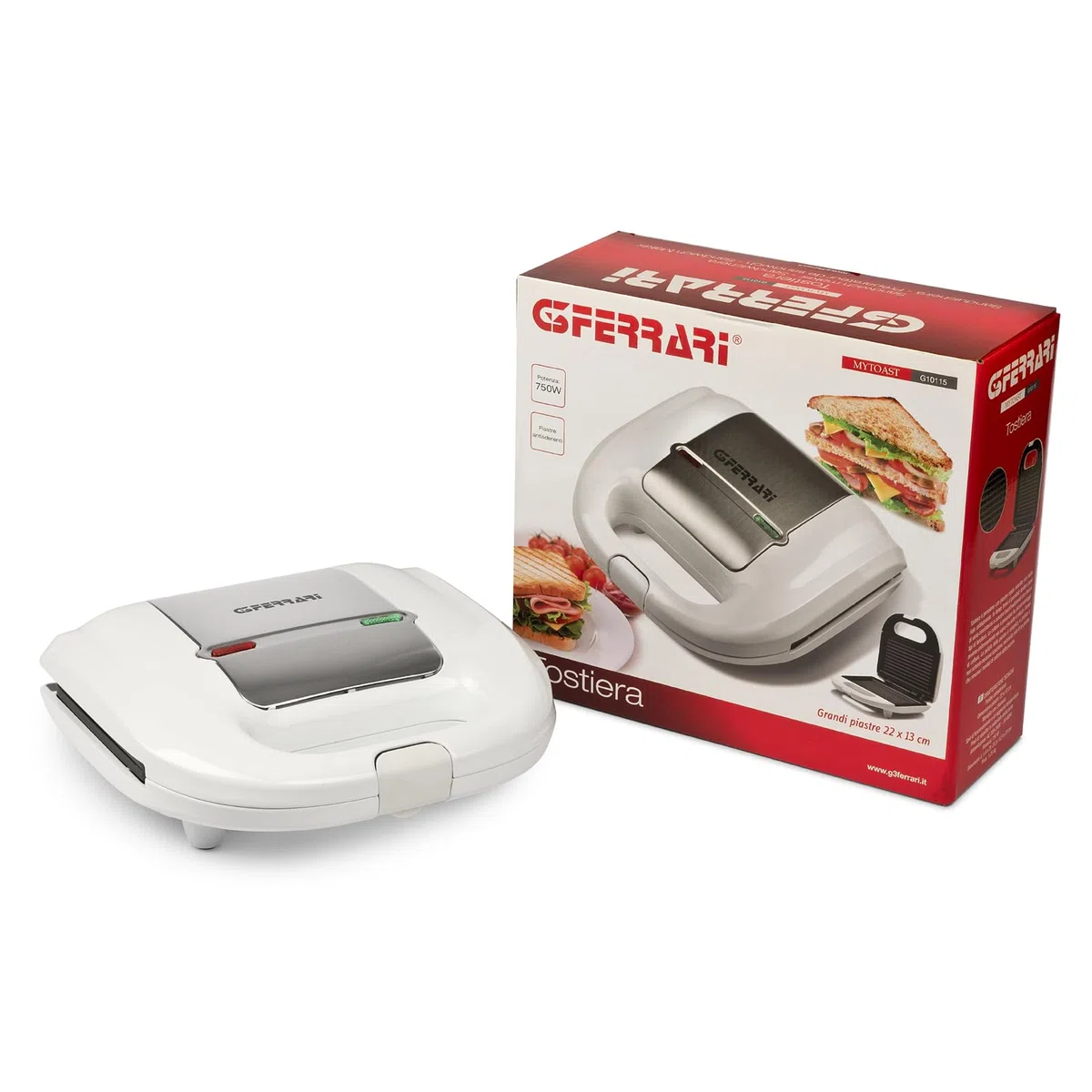 G3 Ferrari G10115 Mytoast Tostiera, 750 W, Piastre antiaderenti, Maniglia con chiusura, Dimensioni piastre 22 x 13 cm, Bianco