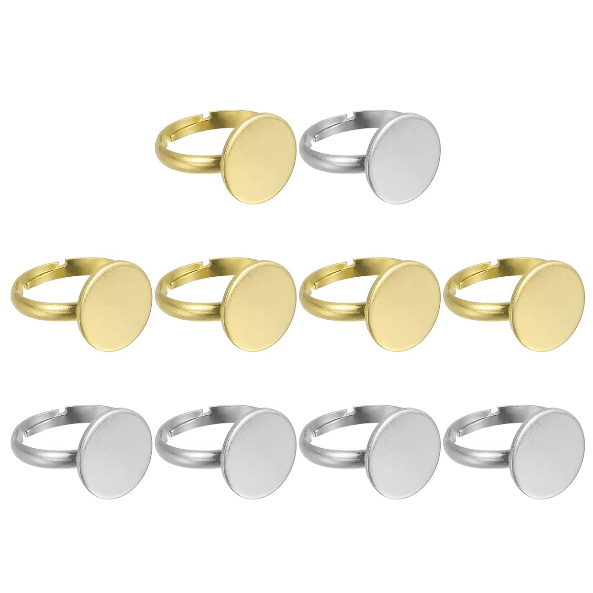QUARKZMAN 10Pcs Anelli In Metallo Base Vuota, 14mm Cuscinetto Regolabile Cabochon Anello Vuoto Base Vassoio Piano Per Creazione Gioielli DIY, Argento/Oro