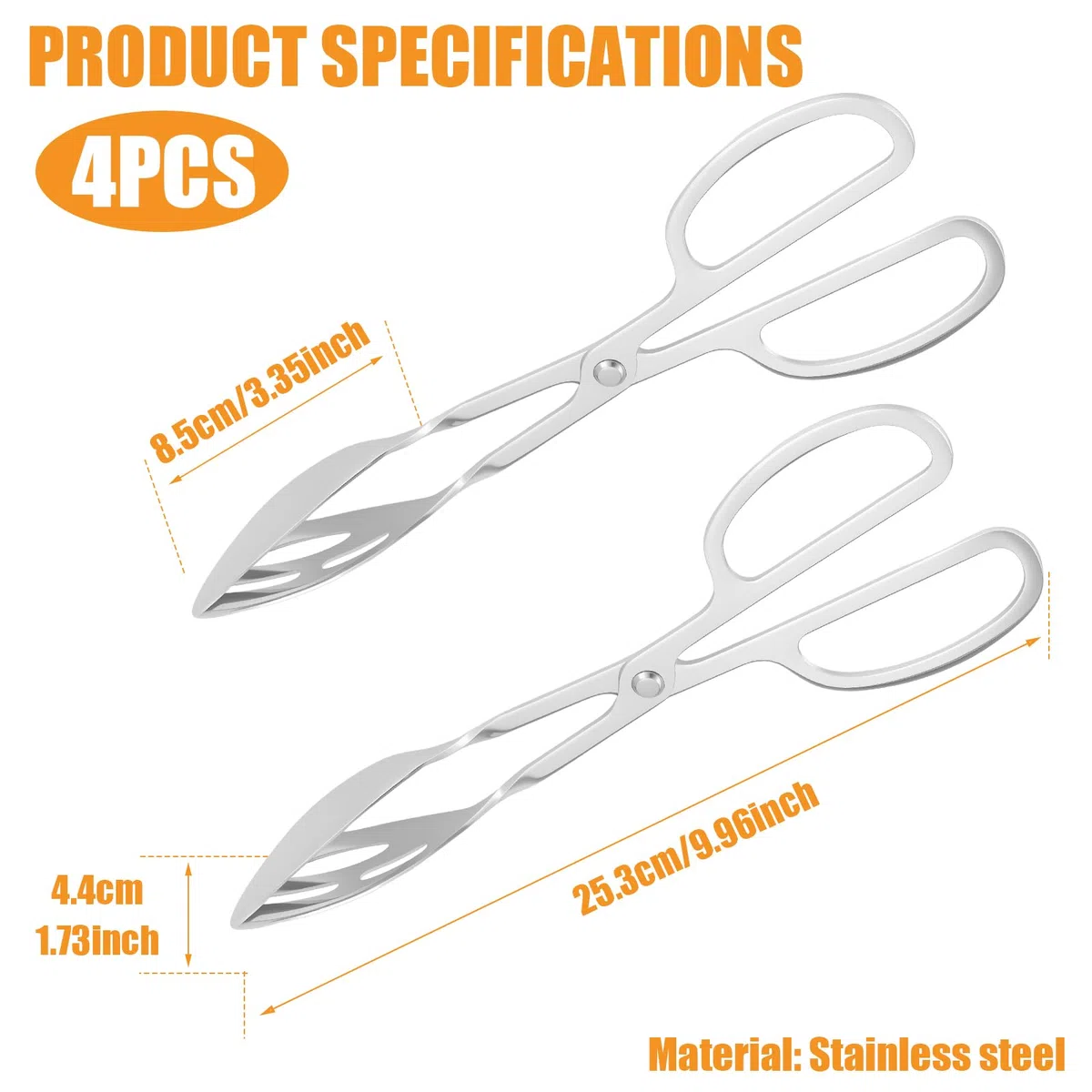4 pinze per dolci, pinze per insalata con manici a forbici, in acciaio inox da 9,96 pollici, pinza per salsicce, pinza da servizio, pinza multiuso per cucina