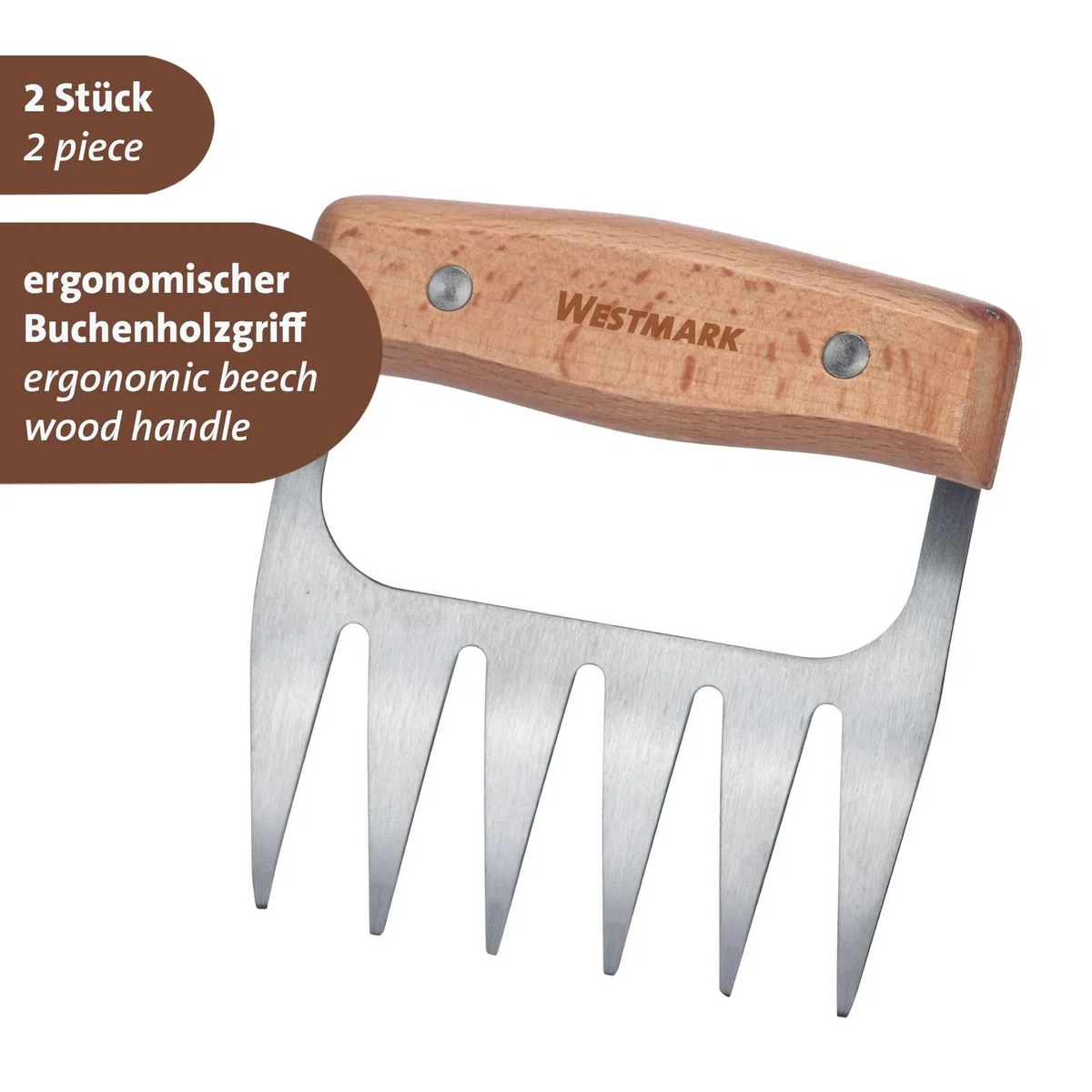 Westmark Artigli per carne – artigli per strappare e sminuzzare la carne, ideali per il pulled pork, pratico accessorio da cucina, barbecue e girarrosto – acciaio inox, 2 pz.