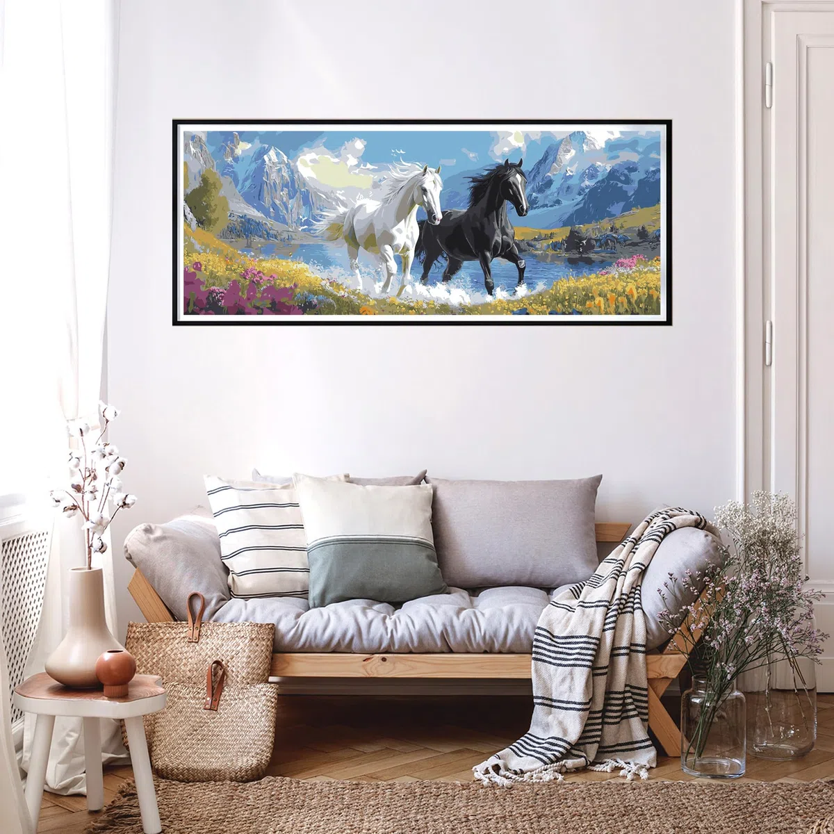 Reofrey Dipingere con i numeri, adulti, misura XXL, cavallo, fai da te, kit per pittura a olio con animali, tela 30 x 80 cm, con pennello e vernice acrilica (senza cornice), dipingere con i numeri